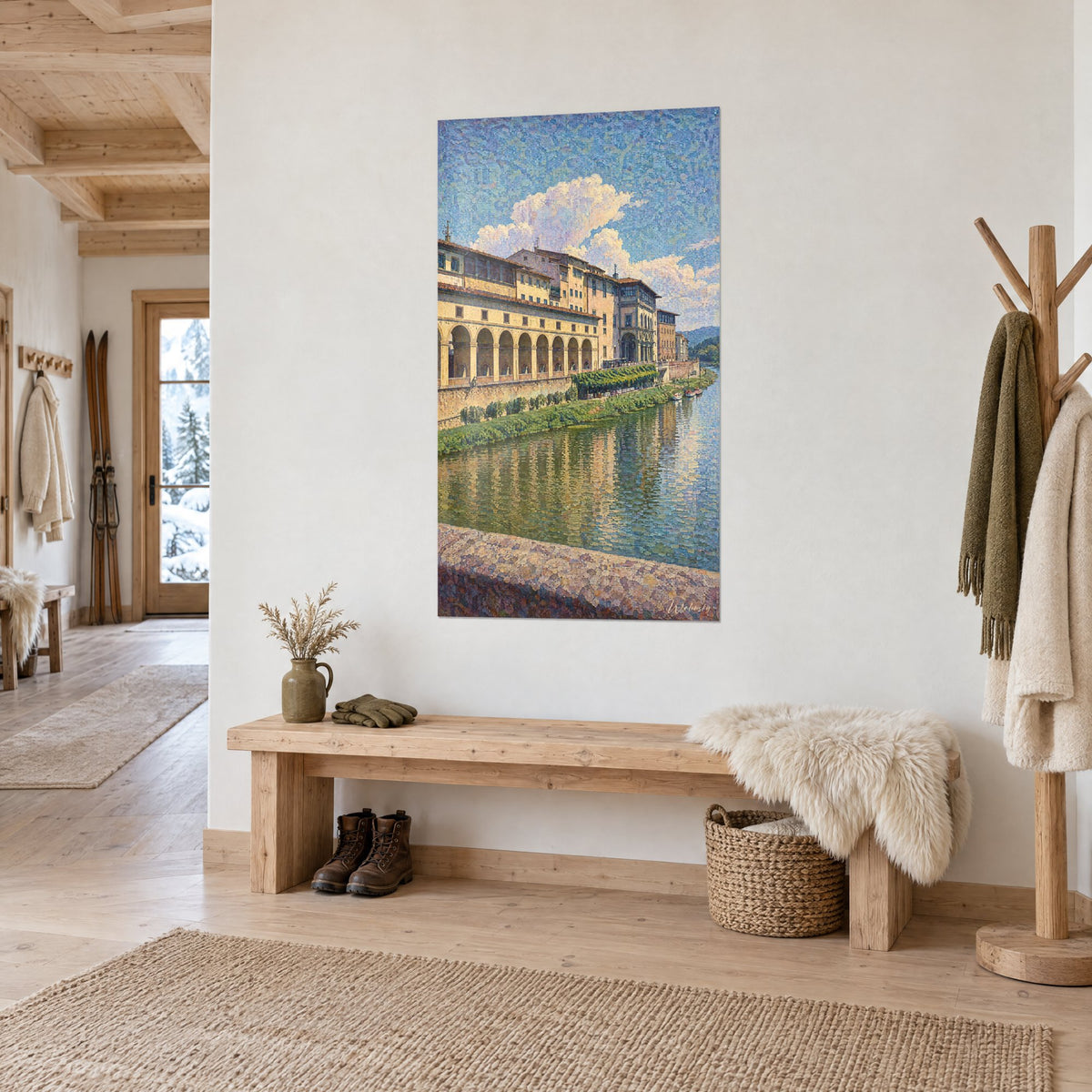 Tableau palais jaune safran et rive verte reflétés dans l'eau, vue de trois-quarts sur un mur blanc de chalet, banc en bois