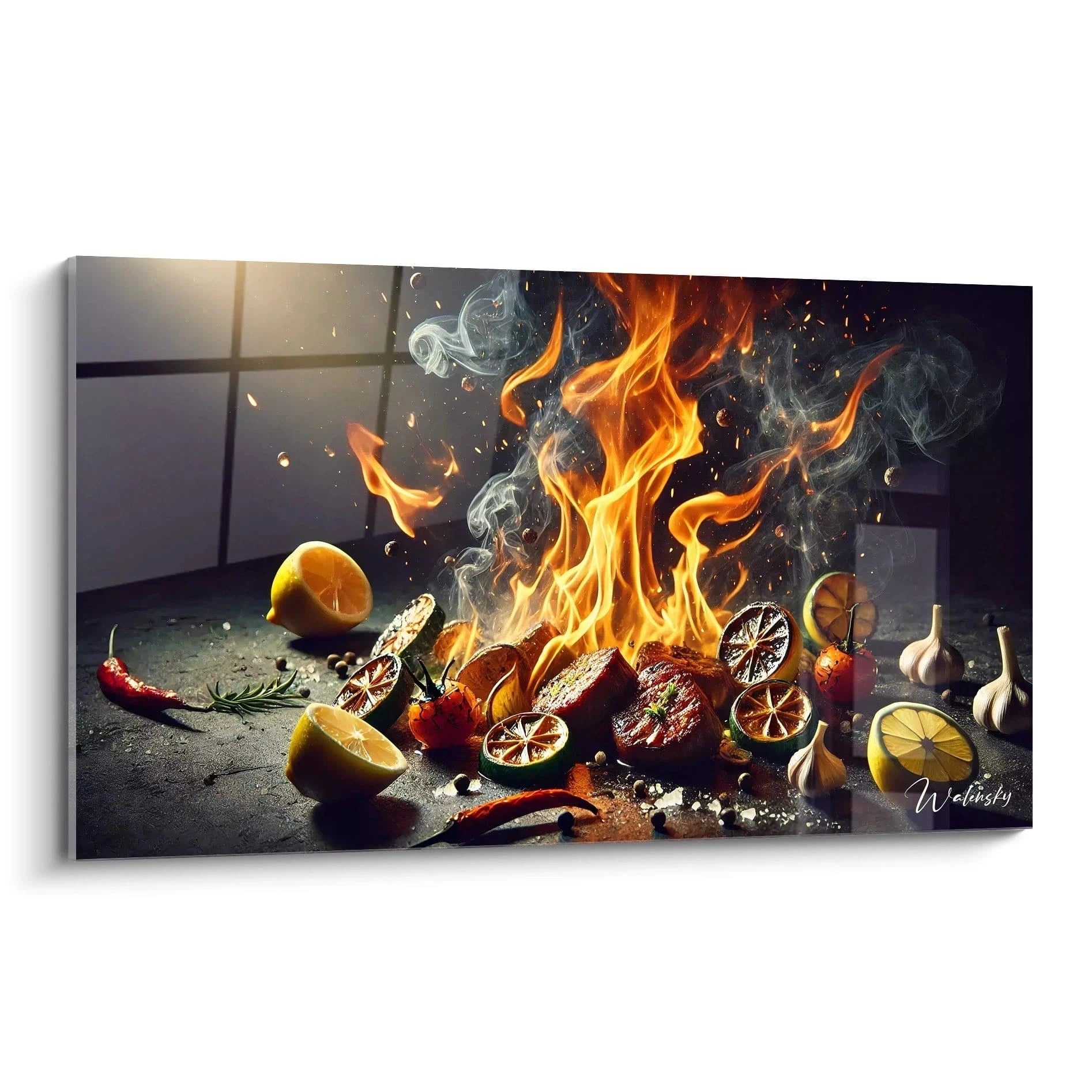 Vue de biais du tableau cuisine, capturant les flammes vives et les éclats de citrons et piments. Une explosion de couleurs chaudes sur fond sombre, donnant vie à l’art culinaire.

