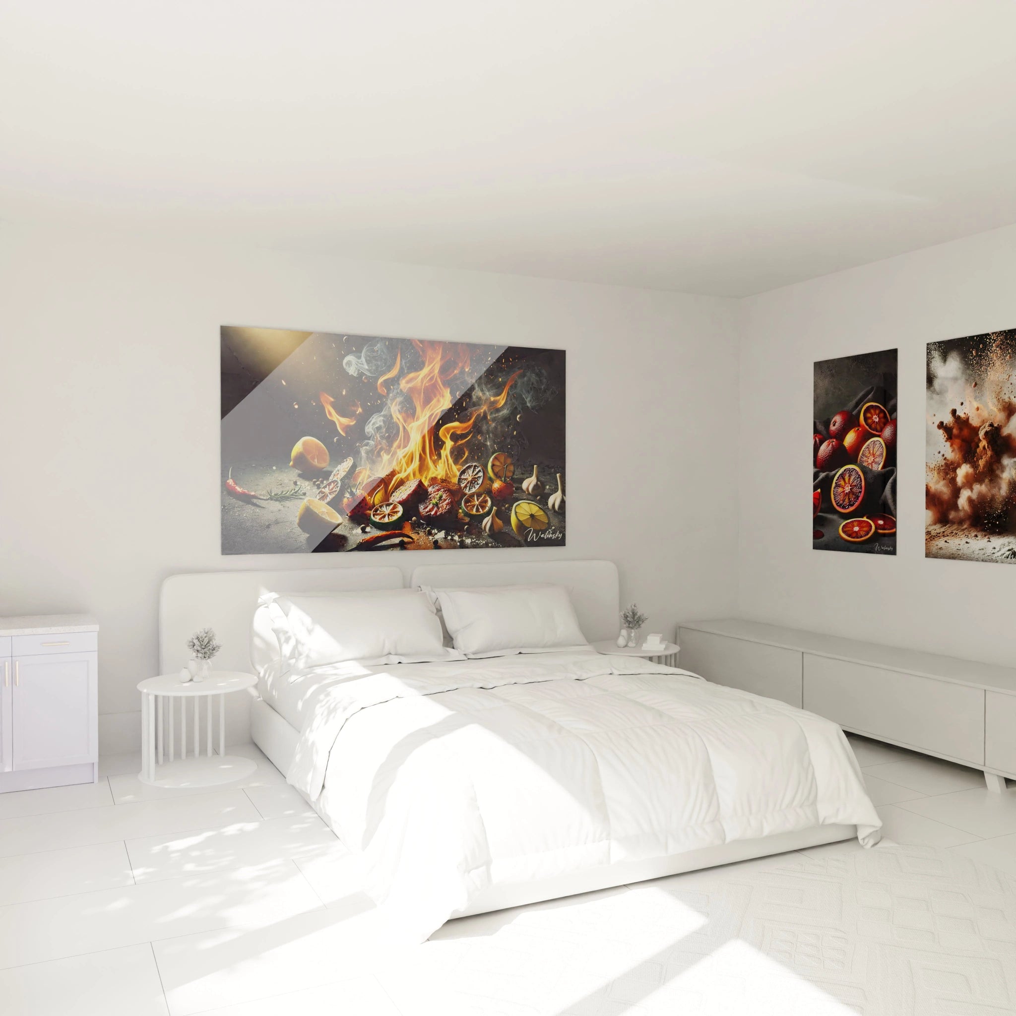 Le tableau cuisine suspendu au-dessus du lit, apportant chaleur et dynamisme à la chambre avec ses flammes ardentes et ses ingrédients éclatants comme les agrumes et le feu.

