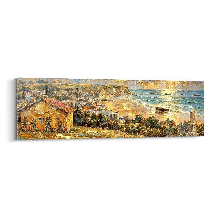 Gemälde Goldene Hütte und Soldaten am Ufer - Gedenkstele und schwimmende Kästen - Edition Arromanches-les-Bains Normandie Frankreich