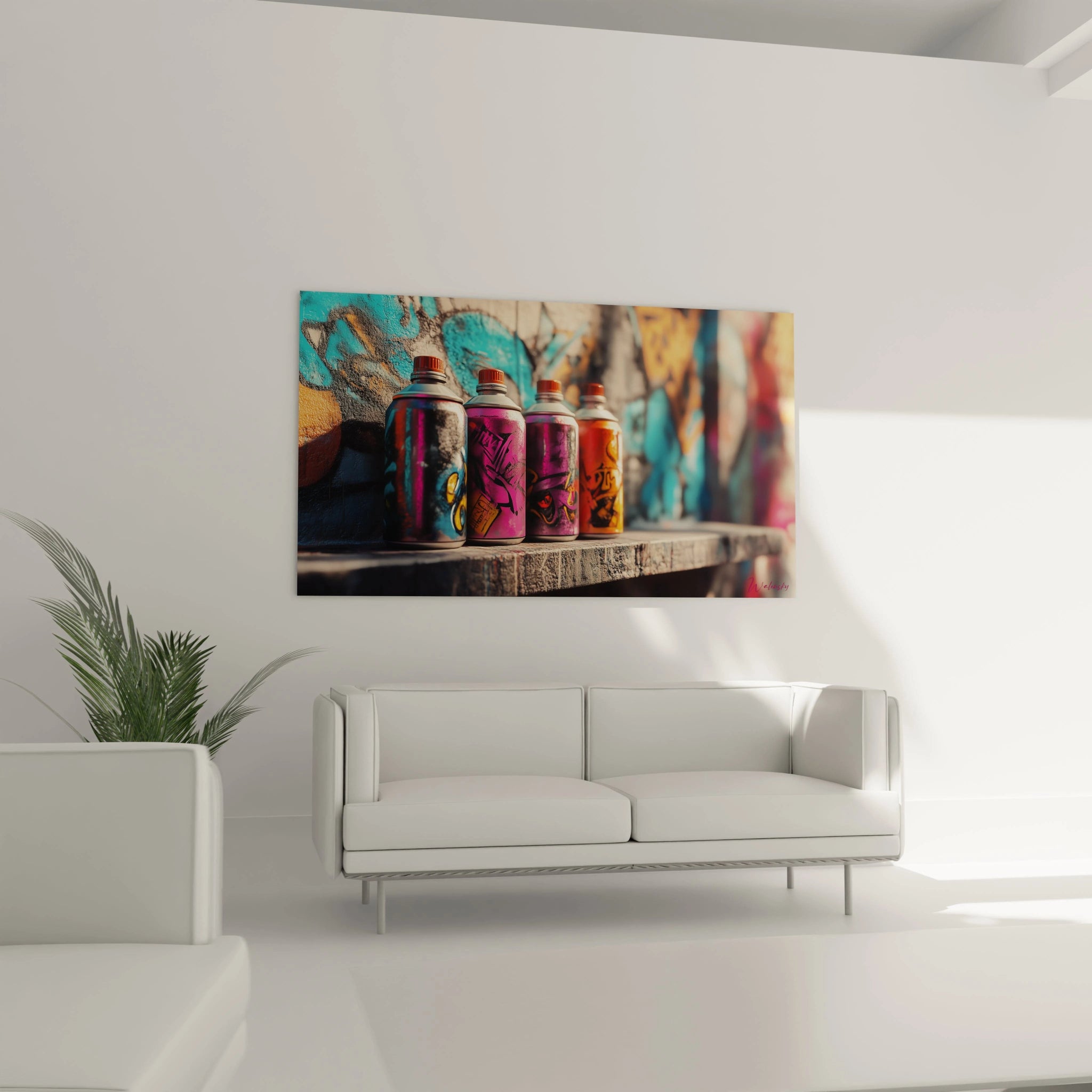 Tableau street art exposant quatre bombes de peinture utilisées pour le graffiti, du noir au rose, argenté et orange, placées sur une surface rugueuse, photographiées avec une faible profondeur de champ qui isole les outils contre un mur tagué multicolore.

