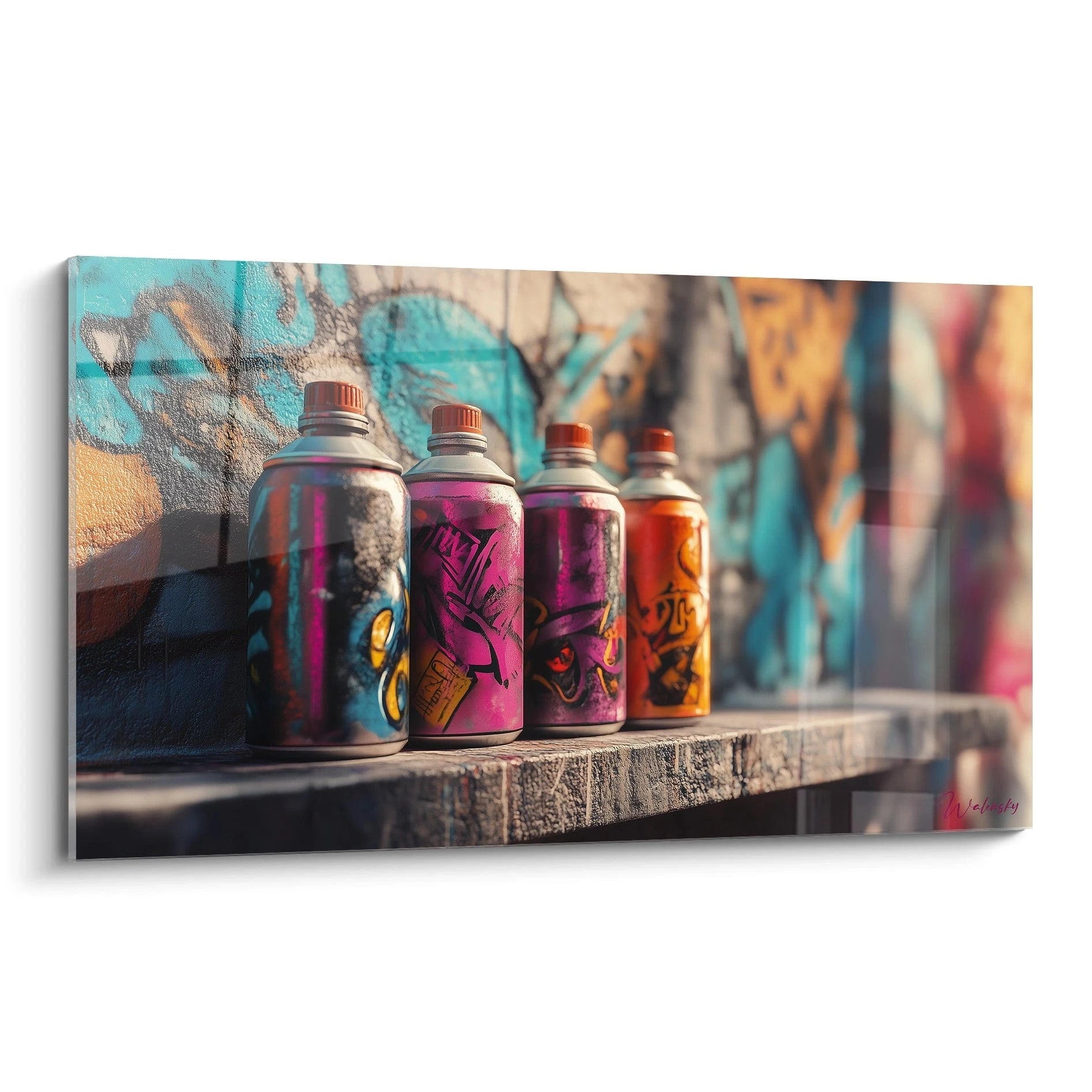 Tableau street art présentant quatre bombes aérosol colorées alignées sur une surface texturée, avec un noir-bleu, rose vif, argenté et orange, devant un arrière-plan flou de graffiti turquoise, capturant l'essence brute des outils urbains.
