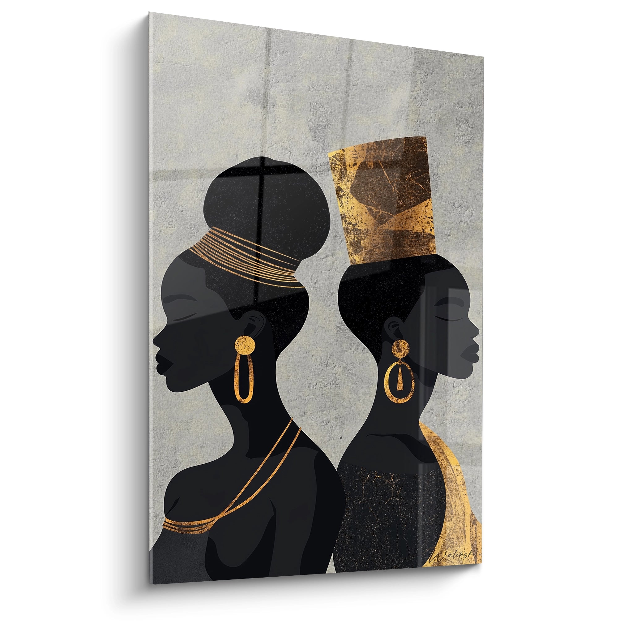 Tableau Egypte mural Walensky représentant deux silhouettes féminines noires avec bijoux dorés et coiffures traditionnelles