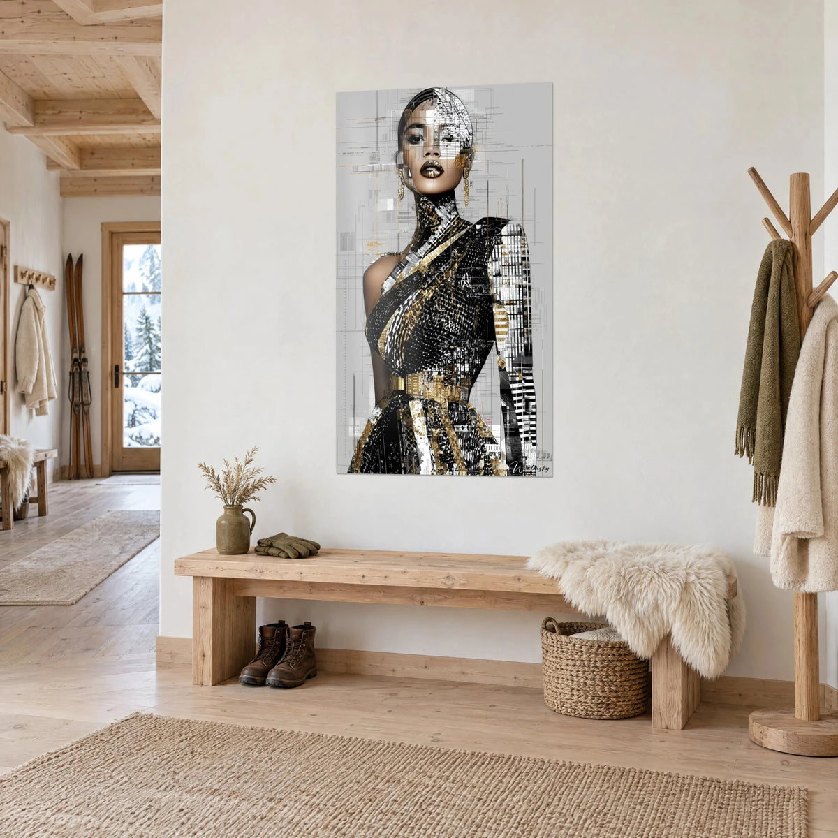 Quadro ritratto couture con orecchini dorati e trame architettoniche in bianco e nero, su una parete di chalet
