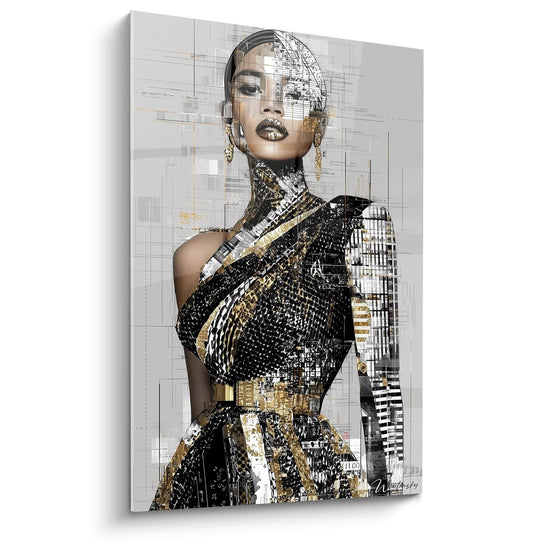Quadro arte concettuale donna di Walensky con motivi astratti e colori metallici