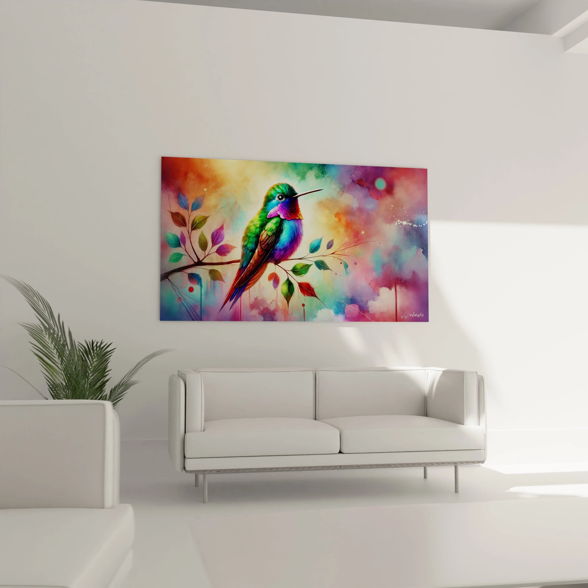 Ce tableau colibri cree un point focal au-dessus de votre canape. Sa composition dynamique en fait une decoration parfaite pour illuminer votre salon avec style et modernite

