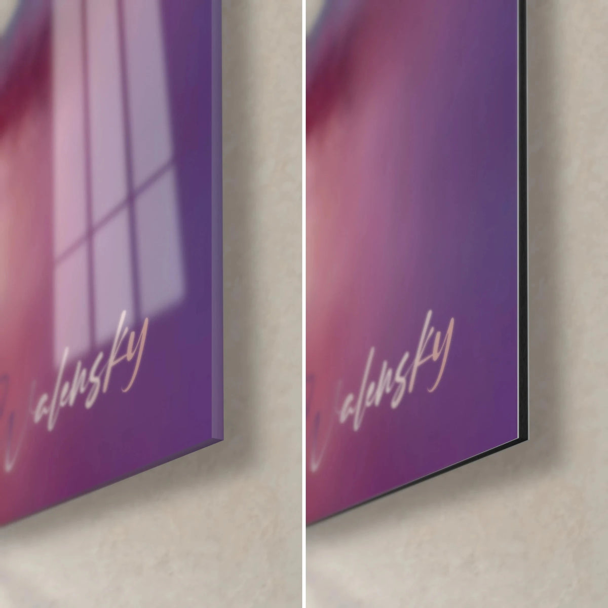 Gemälde Kolibri in Aquarell, untere rechte Ecke: glänzendes violettes Acrylglas Walensky links, mattes schwarzes Dibond rechts