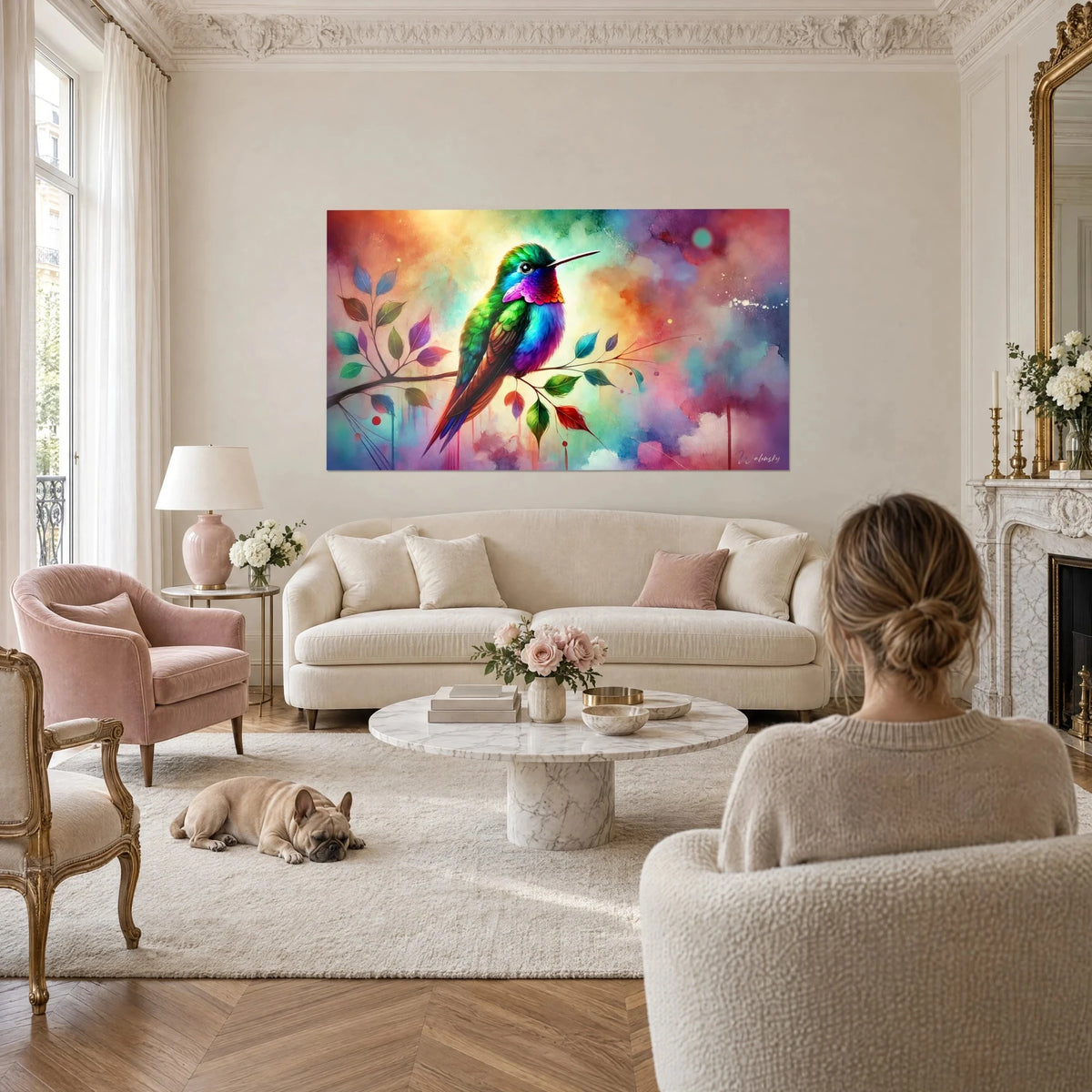 Gemälde Kolibri mit smaragdgrünem und purpurnem Gefieder auf einem Ast sitzend, über einem Sofa in einem hellen Wohnzimmer