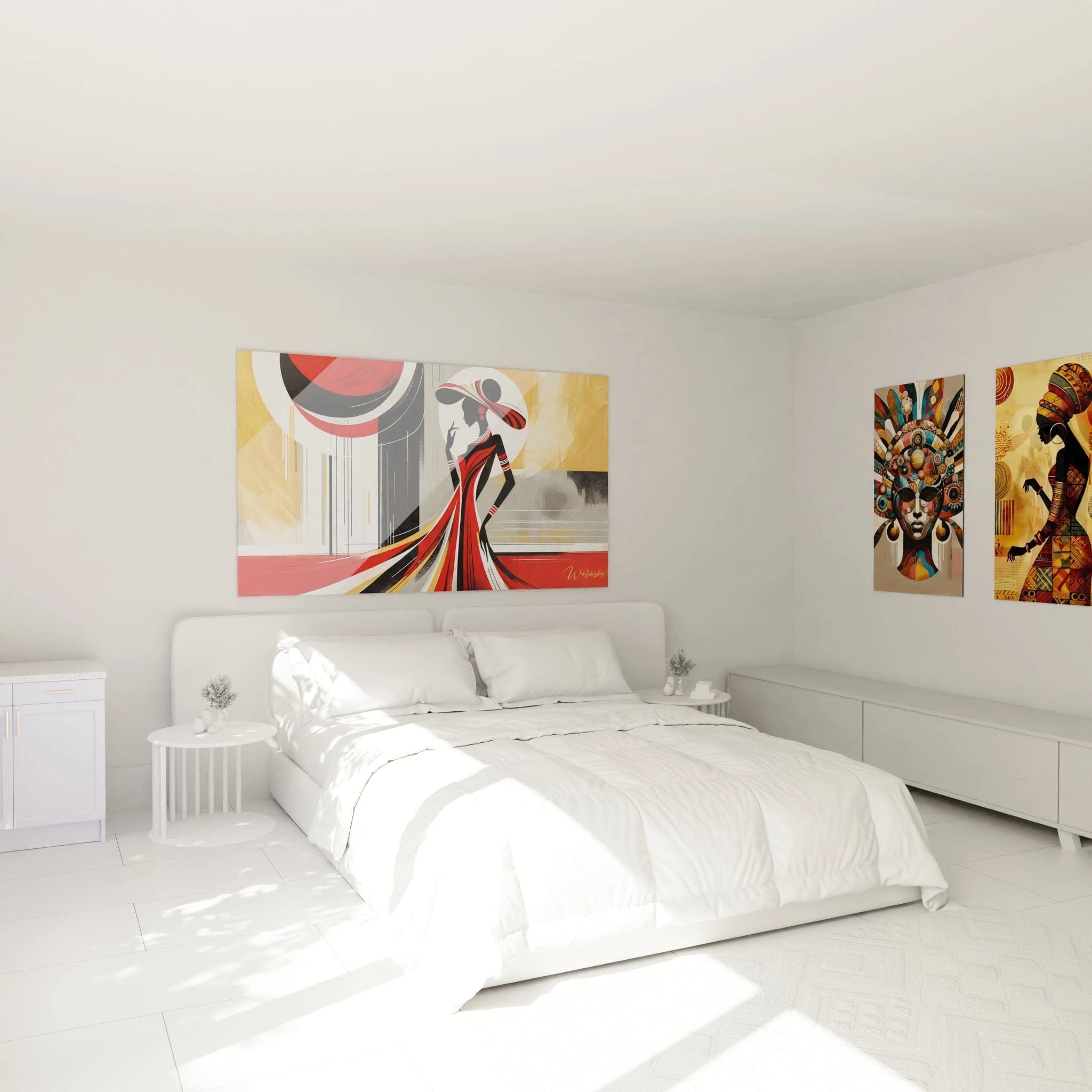 Dans cette chambre, le tableau africain au-dessus du lit diffuse une ambiance chaleureuse. Les teintes vibrantes de rouge, noir et doré apportent sophistication et douceur à la pièce.

