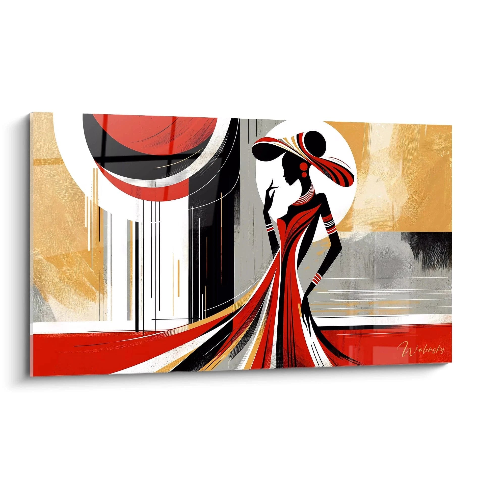 Ce tableau africain vu de biais révèle des lignes fluides qui capturent le mouvement d’une femme majestueuse en robe tourbillonnante. Les couleurs rouges et dorées éclatent, évoquant la chaleur et la grâce.

