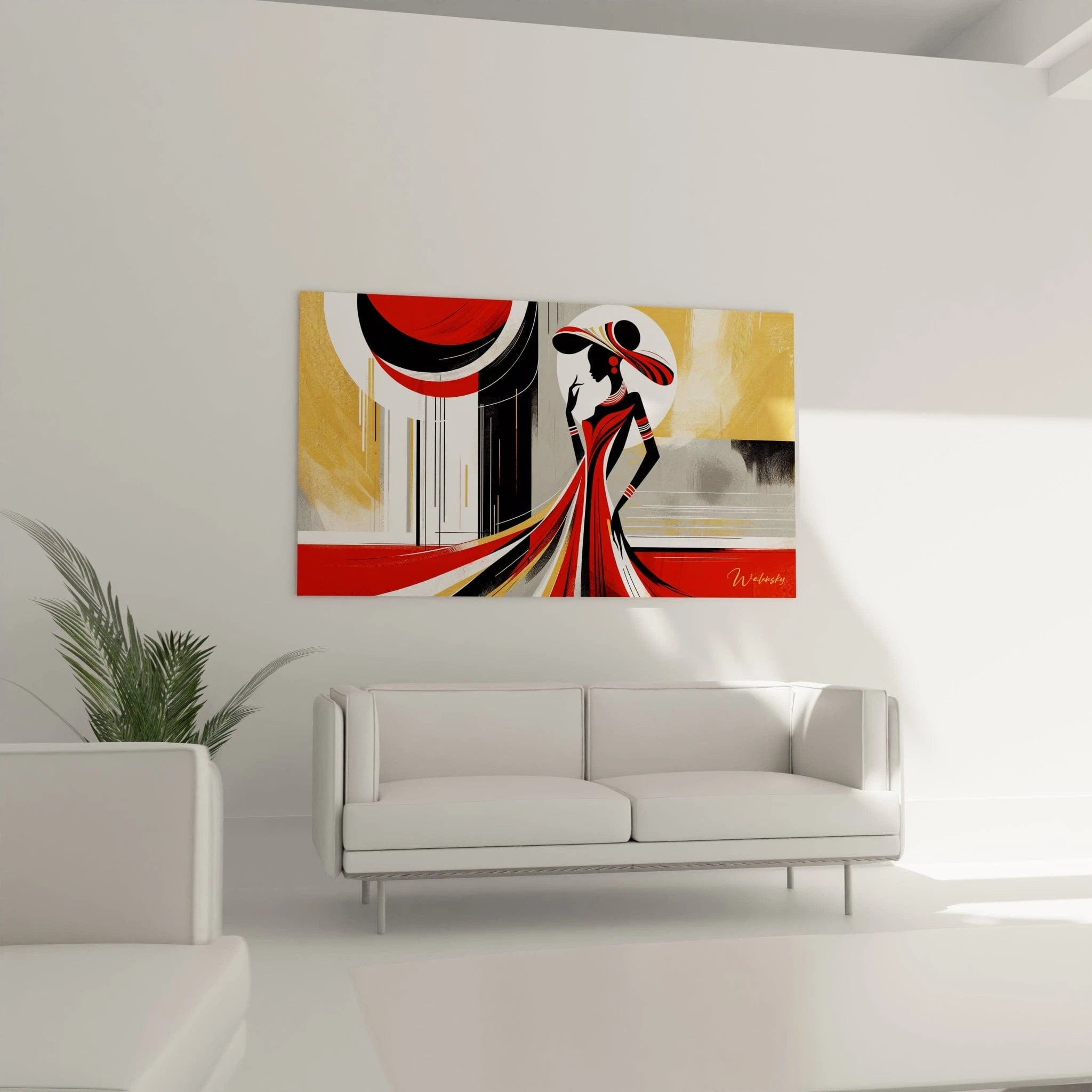 Accroché au-dessus du canapé, ce tableau africain met en valeur un contraste dynamique de rouge, noir et doré. Il illumine le salon avec sa touche moderne et élégante, inspirée de l’Afrique.

