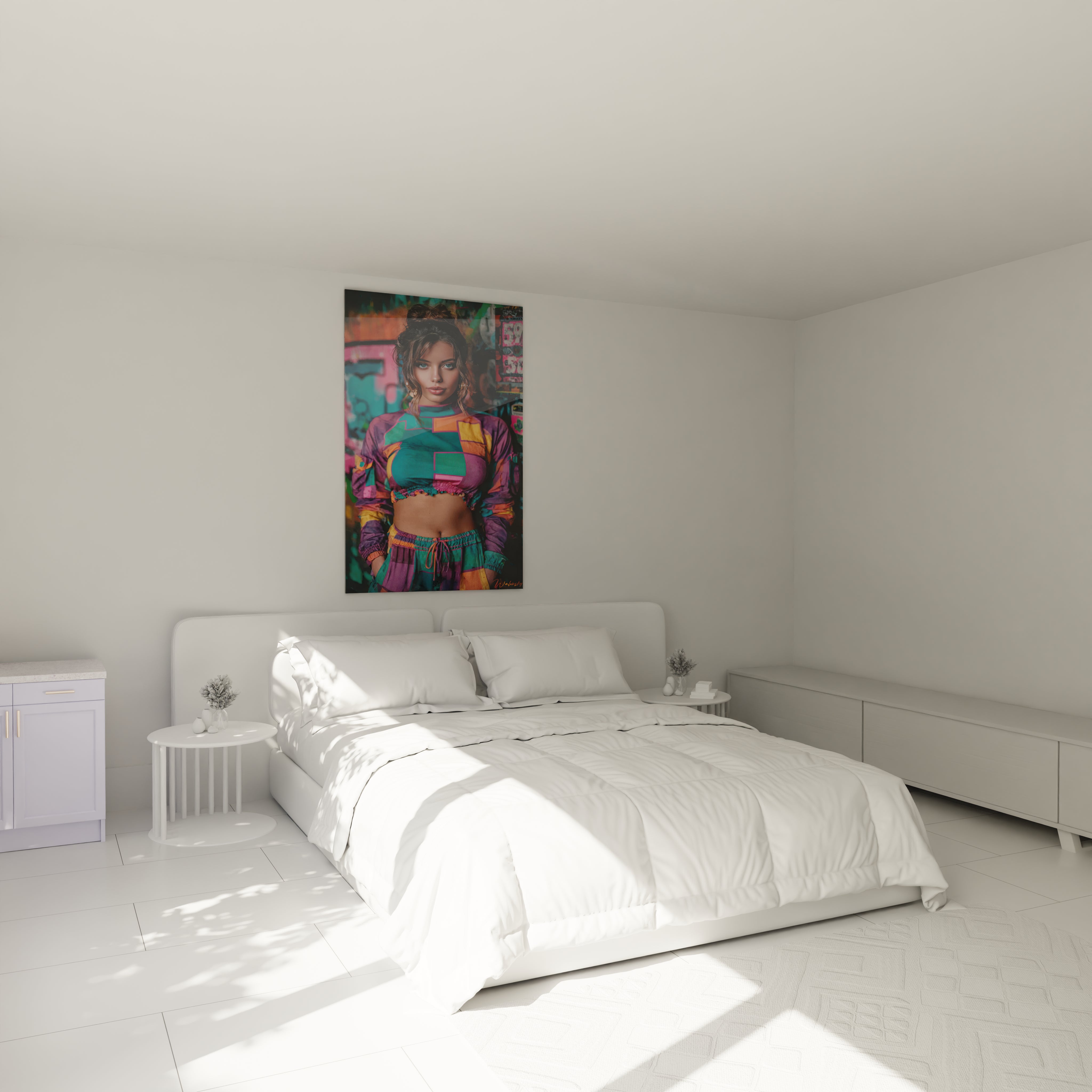 Tableau art de rue de Walensky accroché dans une chambre moderne avec un lit lumineux