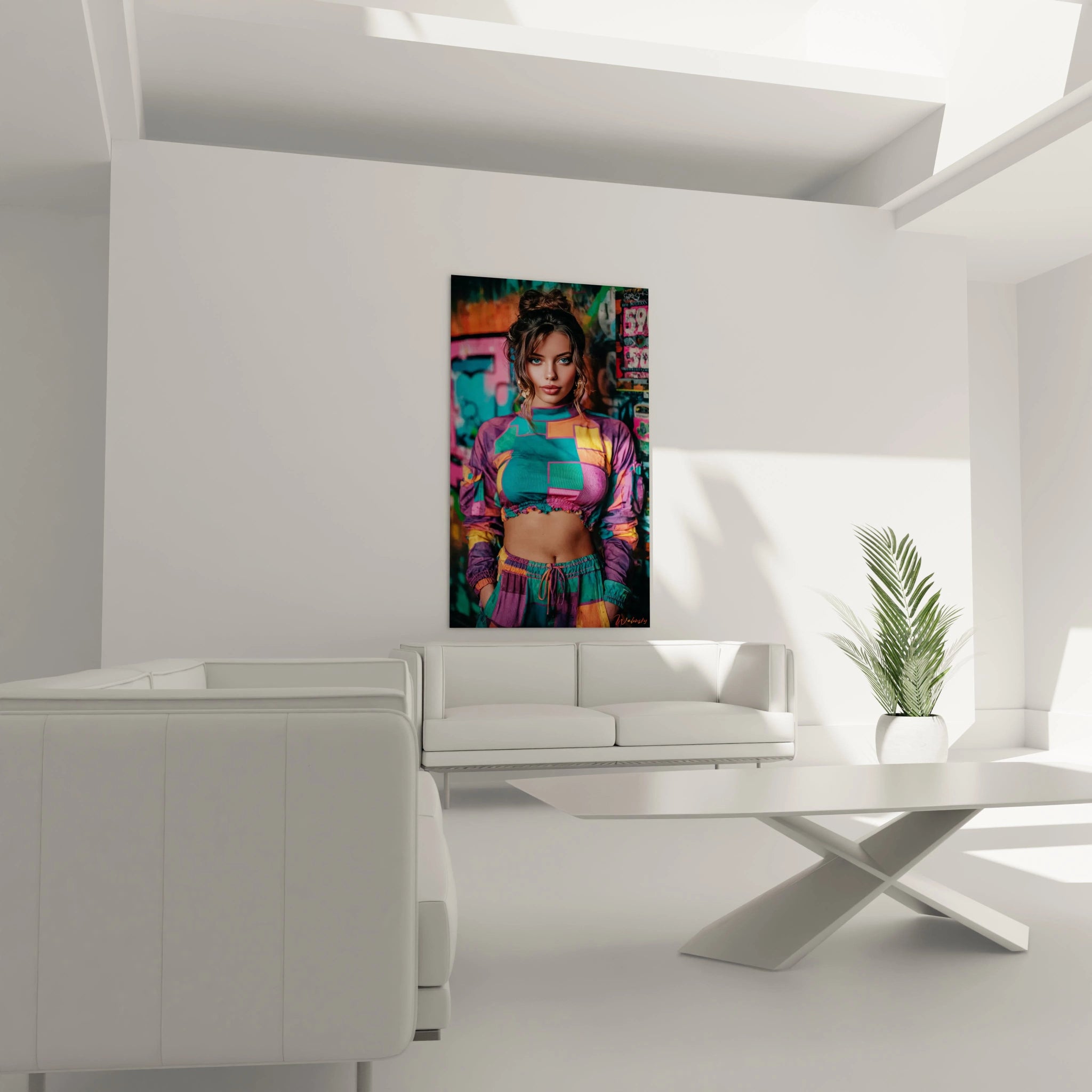 Tableau art de rue de Walensky avec une femme colorée dans un décor urbain moderne