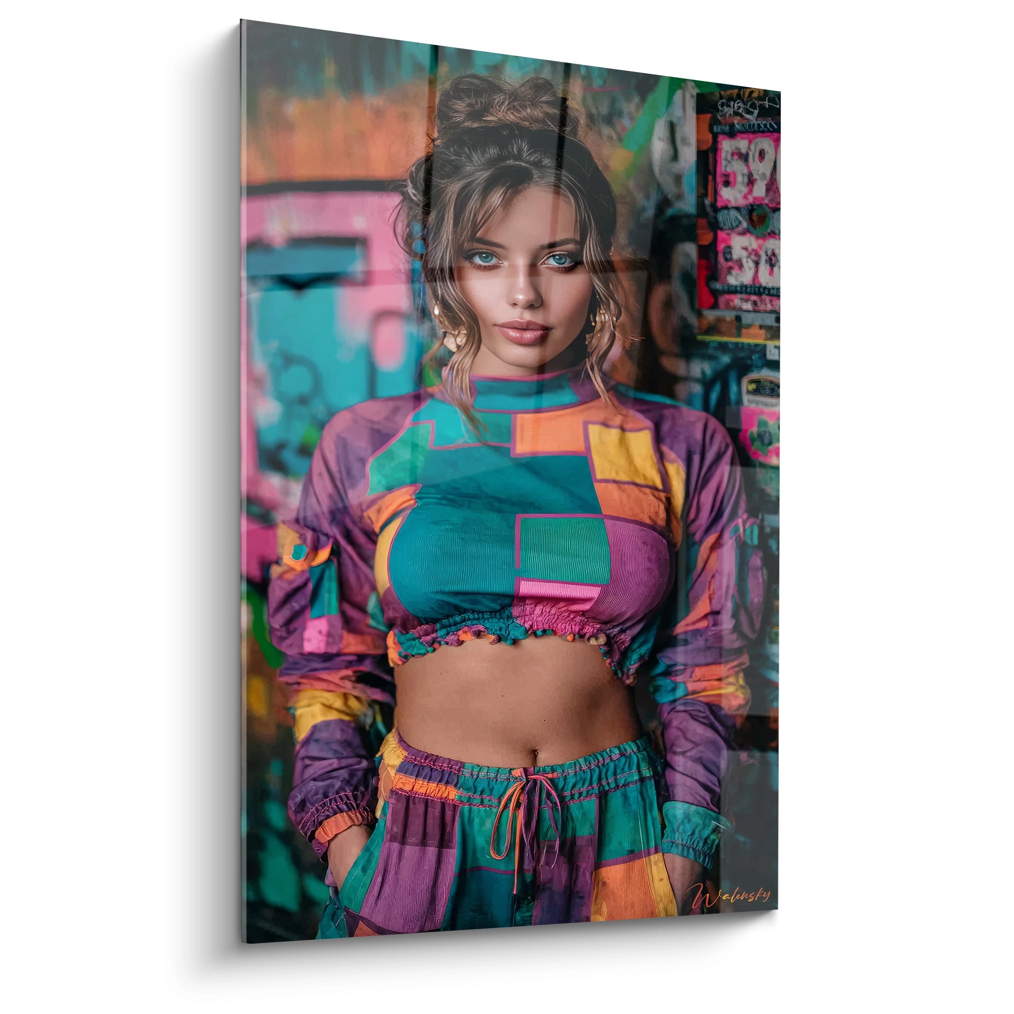 Tableau art de rue représentant une jeune femme avec un style coloré et un arrière-plan artistique vibrant
