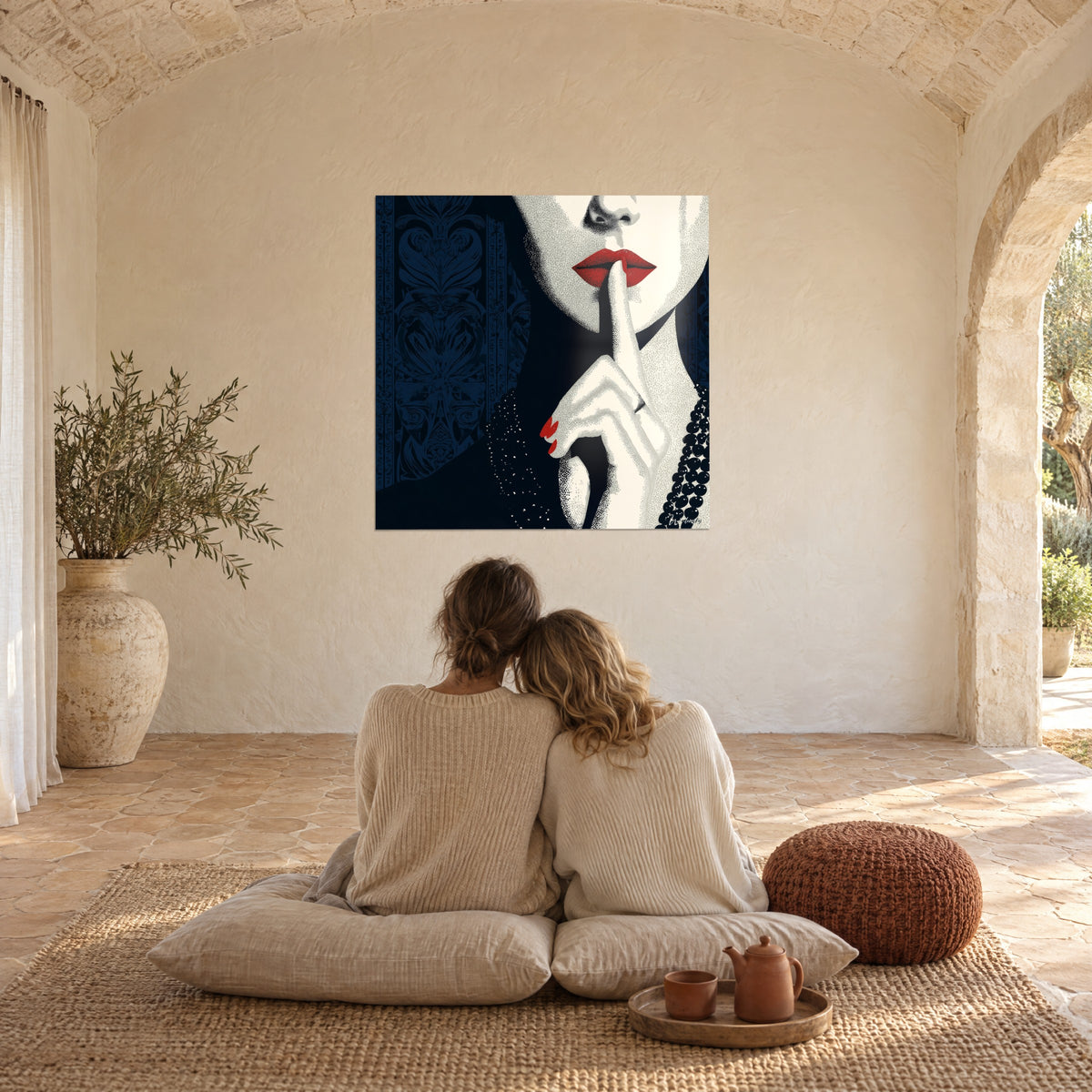 Quadro di donna elegante dalle unghie scarlatte, perle d'ebano e ornamenti blu notte, di fronte a una coppia seduta su cuscini