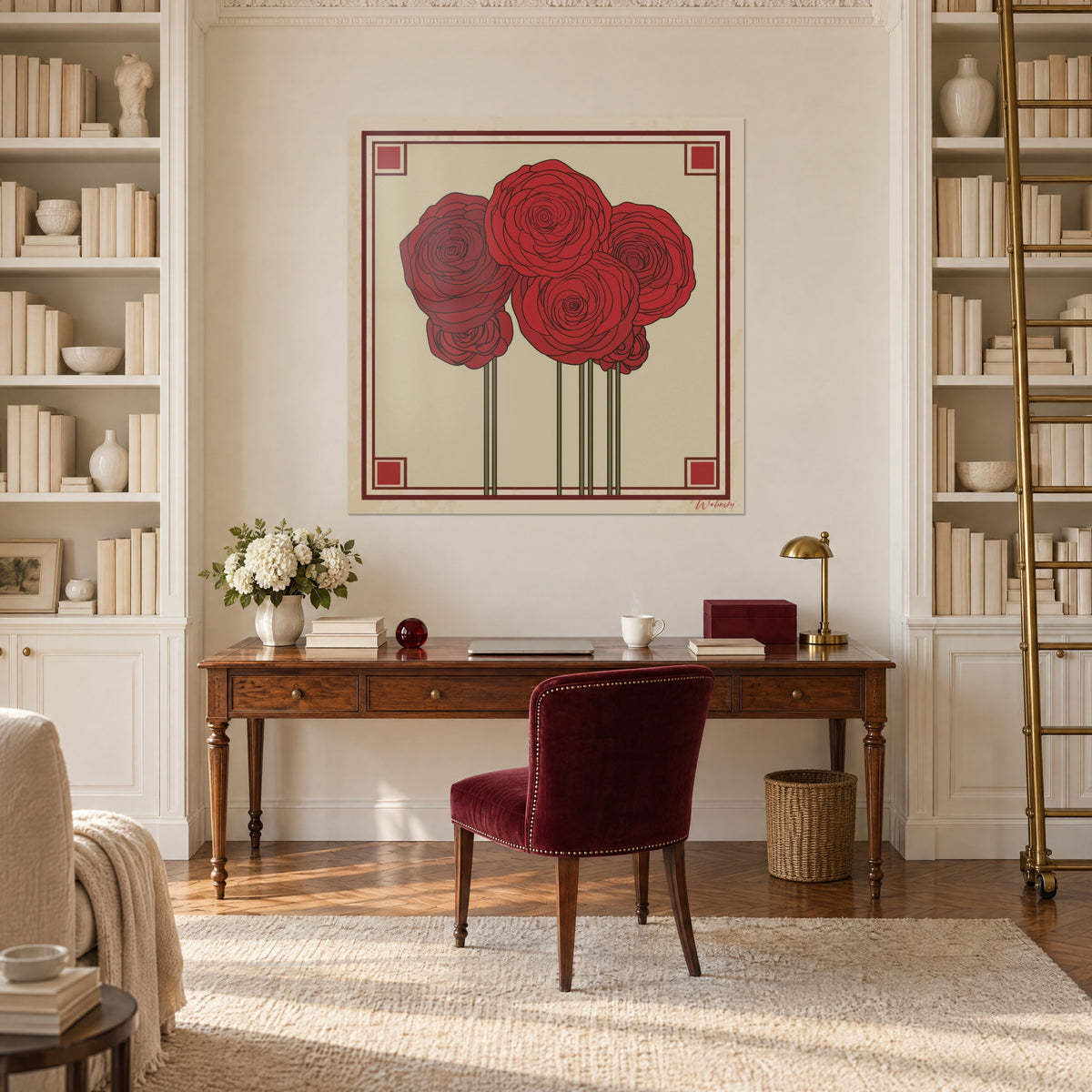 Schilderij bos vermiljoenrode rozen op dunne kakigroene stengels, bordeauxrood geometrisch patroon, boven een houten bureau en een witte boekenkast