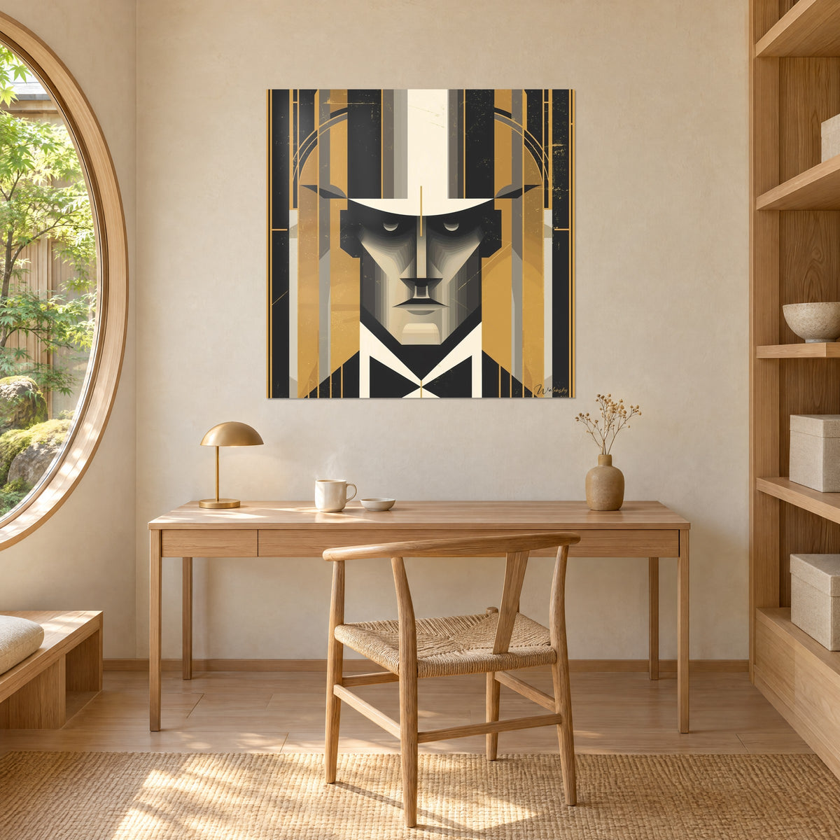 Cuadro caballero cubista de nariz triangular, fondo dorado y negro, colgado encima de un escritorio de madera cerca de una ventana ovalada