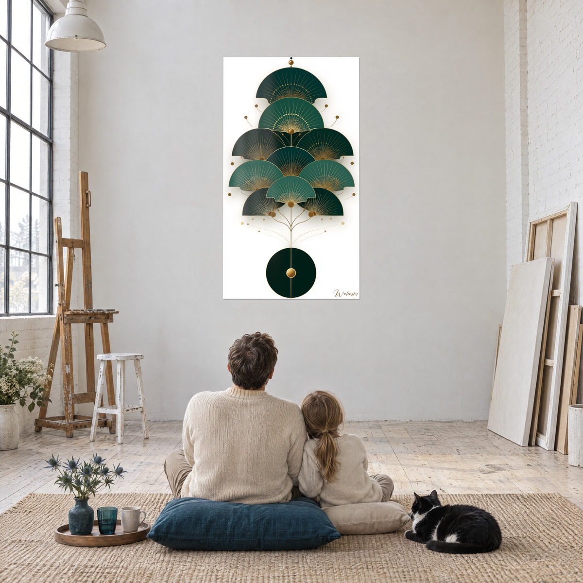 Quadro con piramide di ventagli in abete e smeraldo, cerchio nero bordato d'oro, coppia seduta di spalle e gatto tuxedo, atelier d'artista