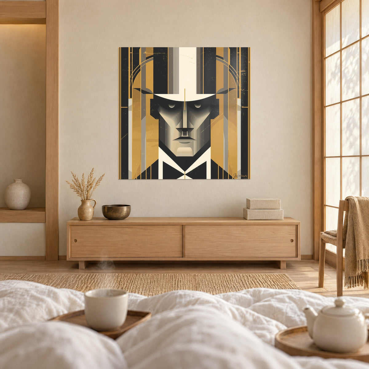 Cuadro figura Art déco con sombrero blanco, tonos mostaza y antracita, de espaldas, encima de una cama en un dormitorio claro