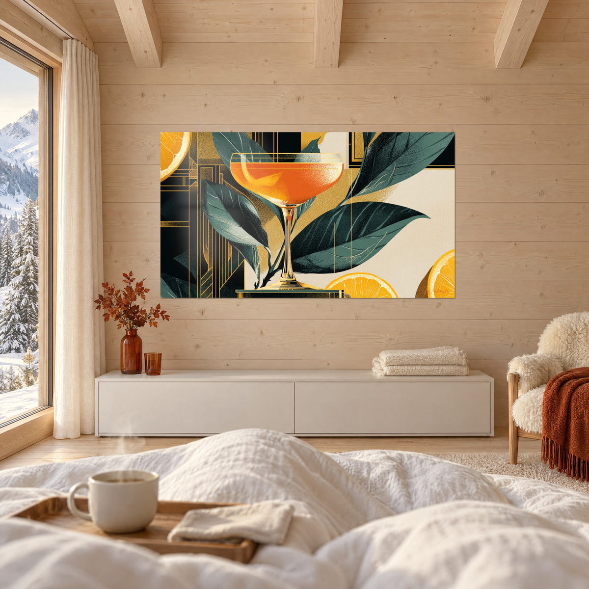 Gemälde Zitrusgetränk in Orange auf cremefarbenem Grund, große graugrüne Blätter und goldene Linien, über einem Bett in einem hellen Schlafzimmer
