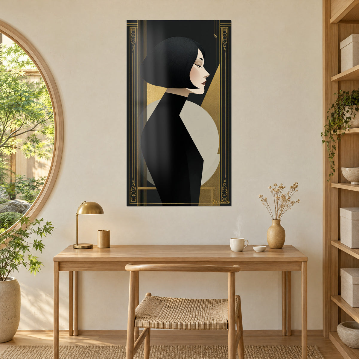 Πίνακας μούσα Art Deco με μαύρη ζιπούν πλεκτό, φωτοστέφανο σε χρώμα μαργαριταριού, χρυσές ρίγες, πάνω από ξύλινο γραφείο και ορειχάλκινο φωτιστικό