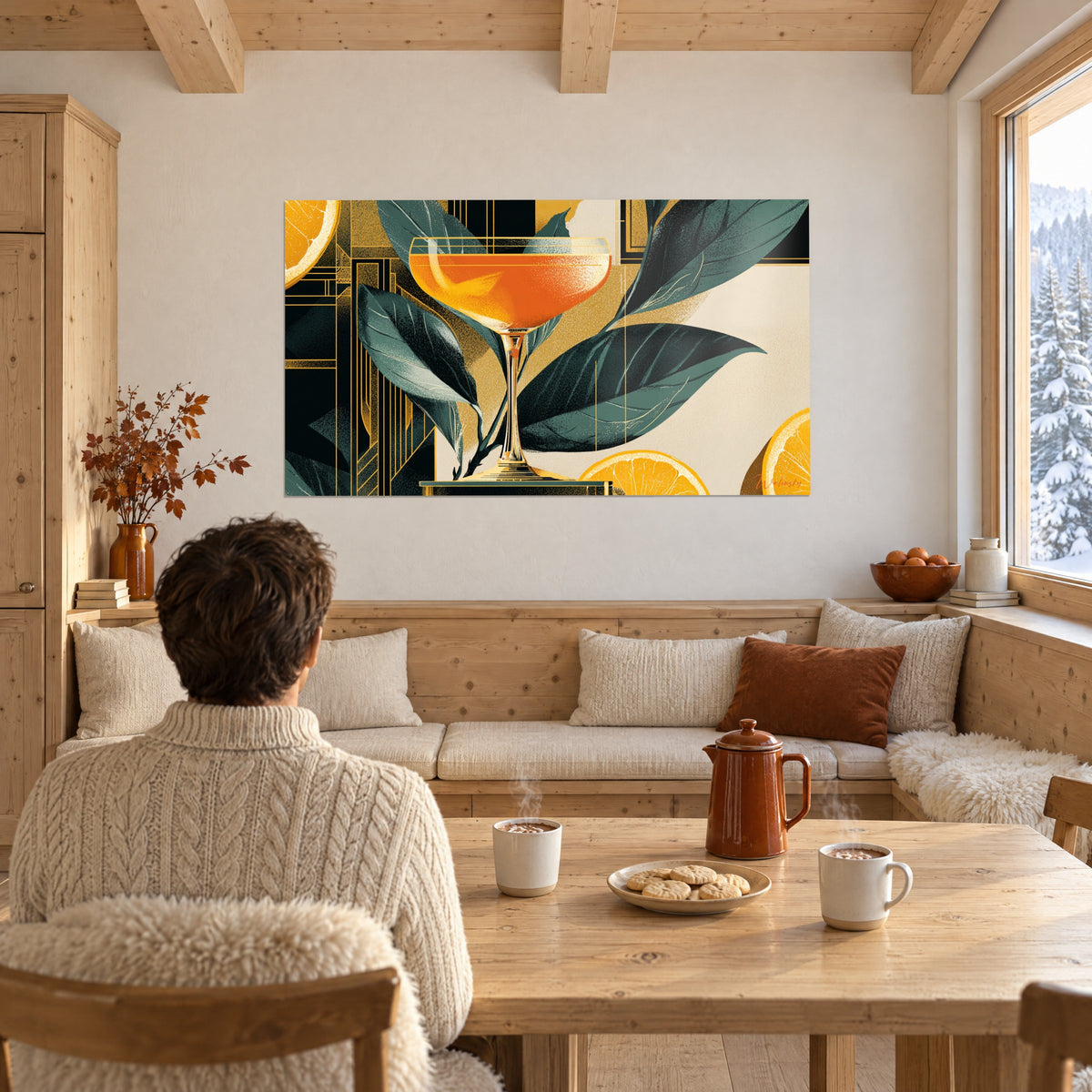 Gemälde bernsteinfarbener Cocktail mit goldenem Fuß und großen smaragdgrünen, goldgesäumten Blättern, zwei Personen von hinten neben einem Holztisch, Chalet