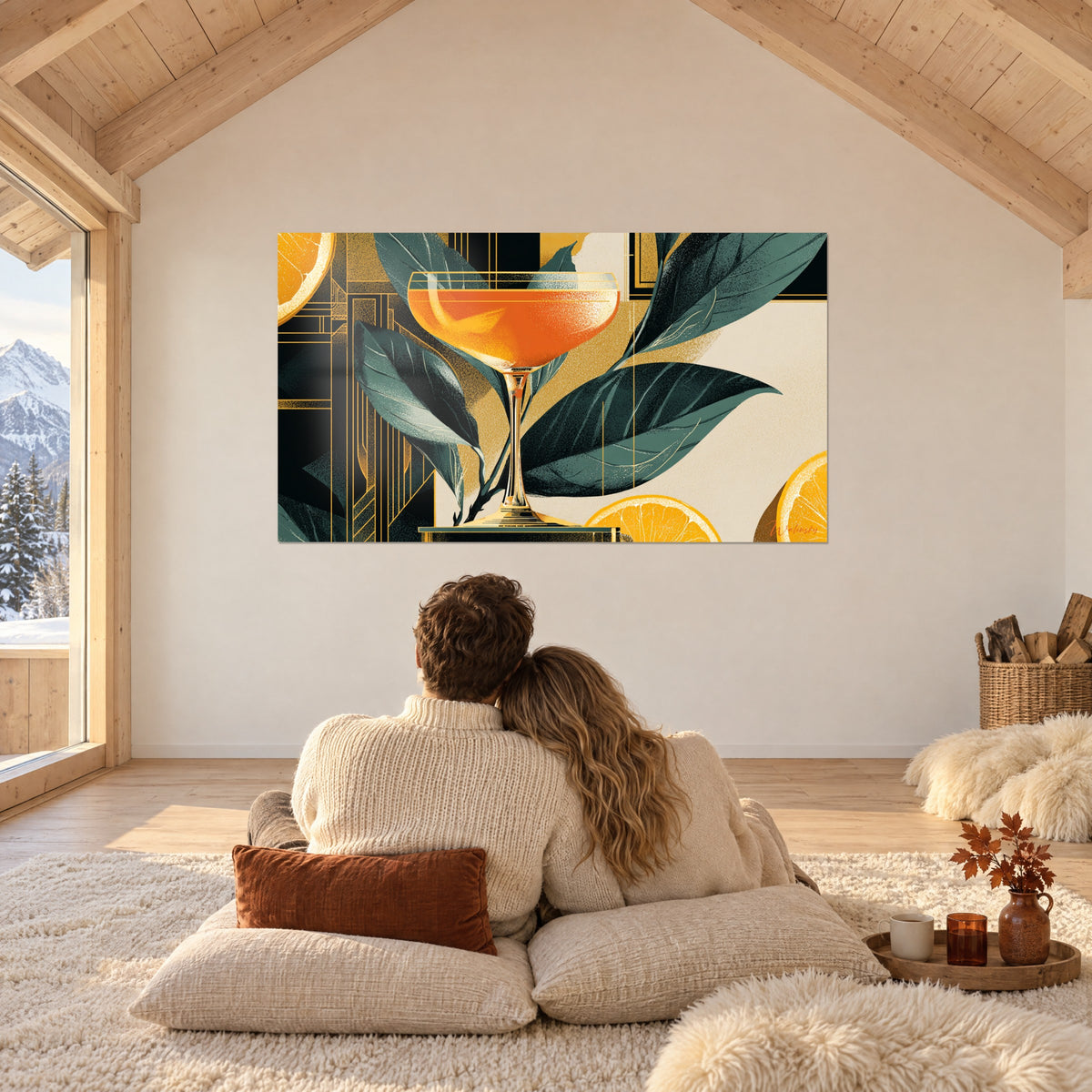 Gemälde leuchtend orangefarbener Aperitif in goldener Schale, flaschengrünes Laub und safranfarbene Orangenspalten, ein Paar von hinten auf Kissen