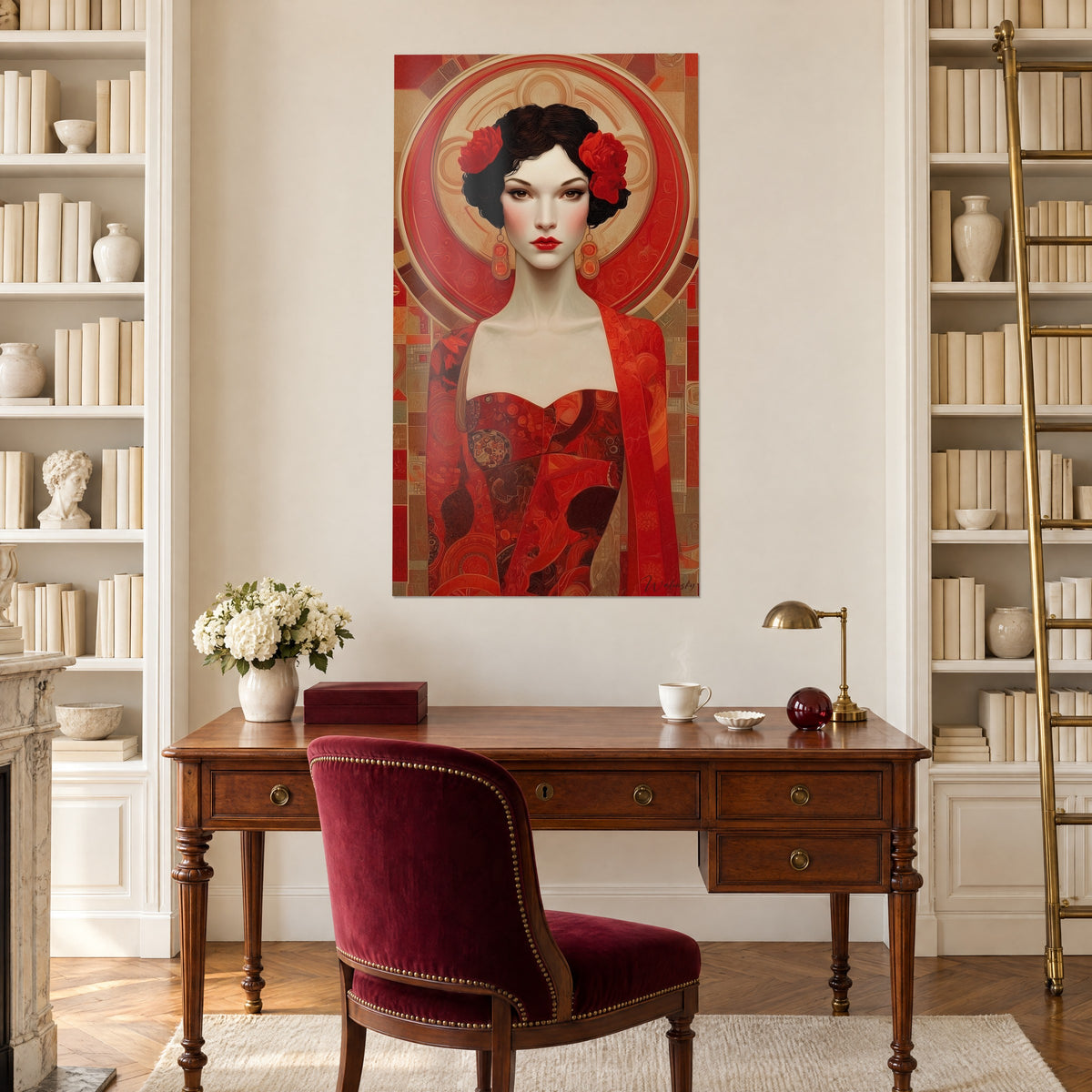 Schilderij jonge vrouw met oranje oorbellen en rode sjaal, bruin mozaïek, tussen twee witte boekenkasten, houten bureau