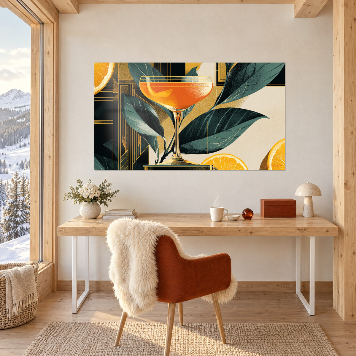 Gemälde breite Mandarinen-Elixier-Flöte, tiefgrünes Laub, schwarz-goldene Art-déco-Motive, über einem weißen Chalet-Schreibtisch angebracht