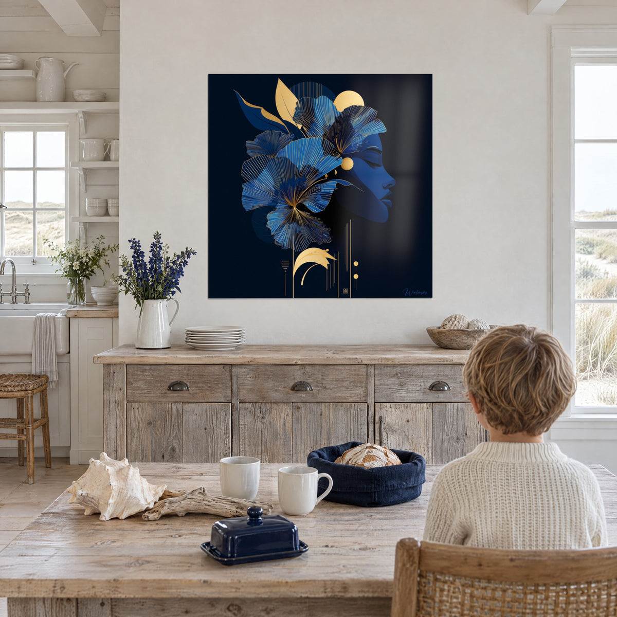 Gemälde elegante Blumenhaube in Nachtblau und Gold, goldener Mond hinter dem Profil, an einer weißen Küchenwand aus hellem Holz