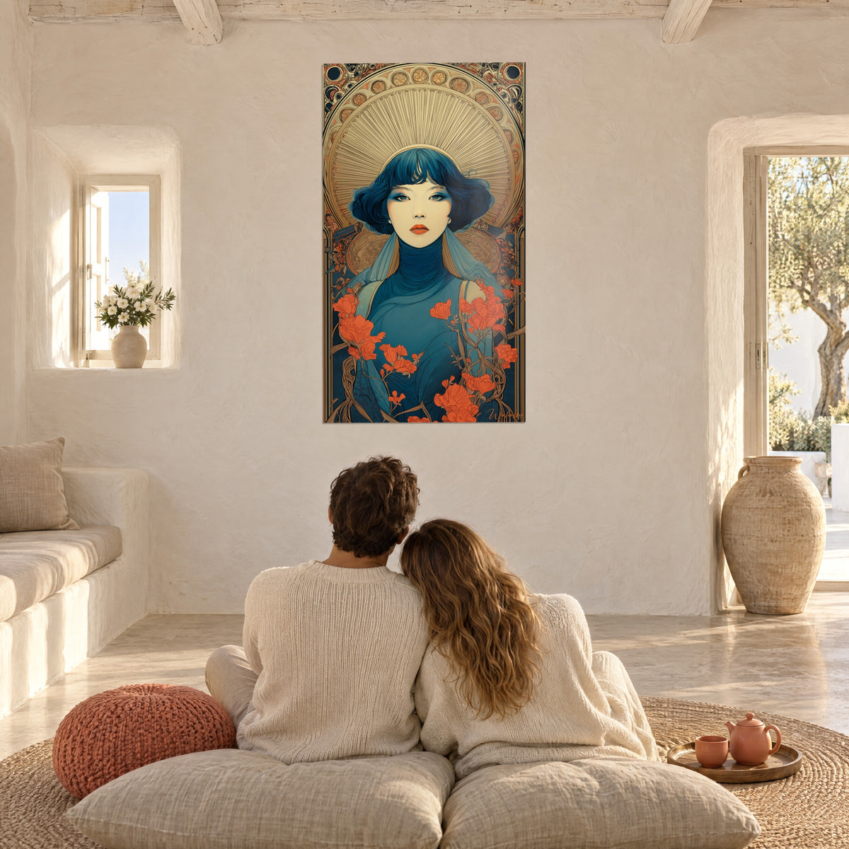 Cuadro visión Art Déco, cabellera azul marino y arco dorado ornamentado, frente a una pareja abrazada sobre cojines coral