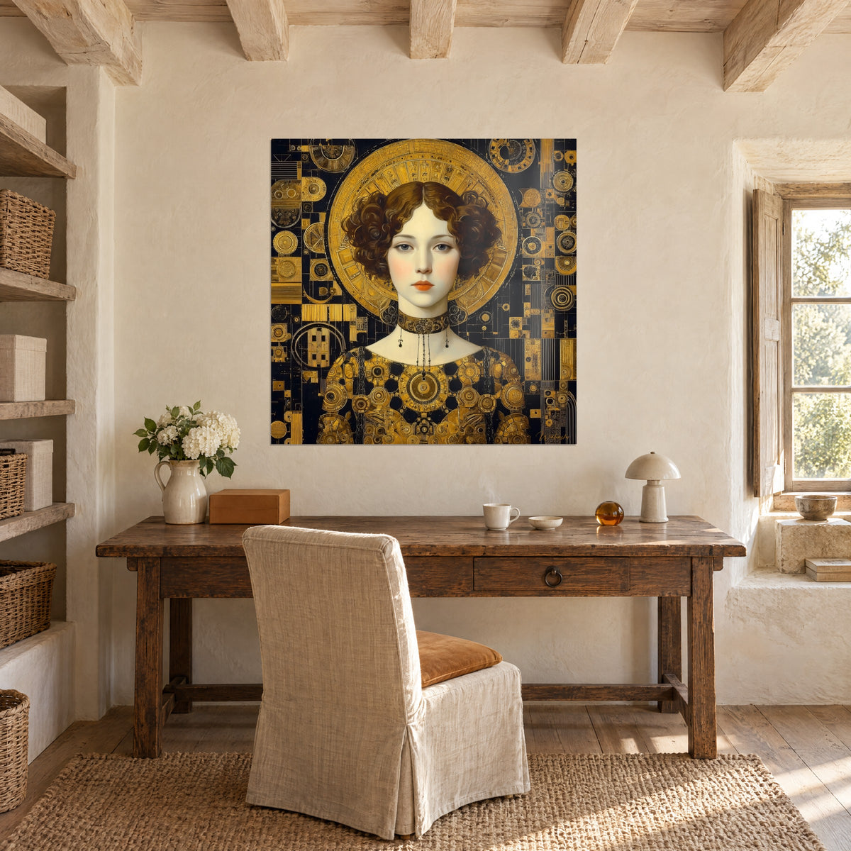 Tableau jeune femme à la peau d'ivoire, boucles châtain, mosaïque or et noir, accroché au-dessus d'un bureau en bois, chaise de lin