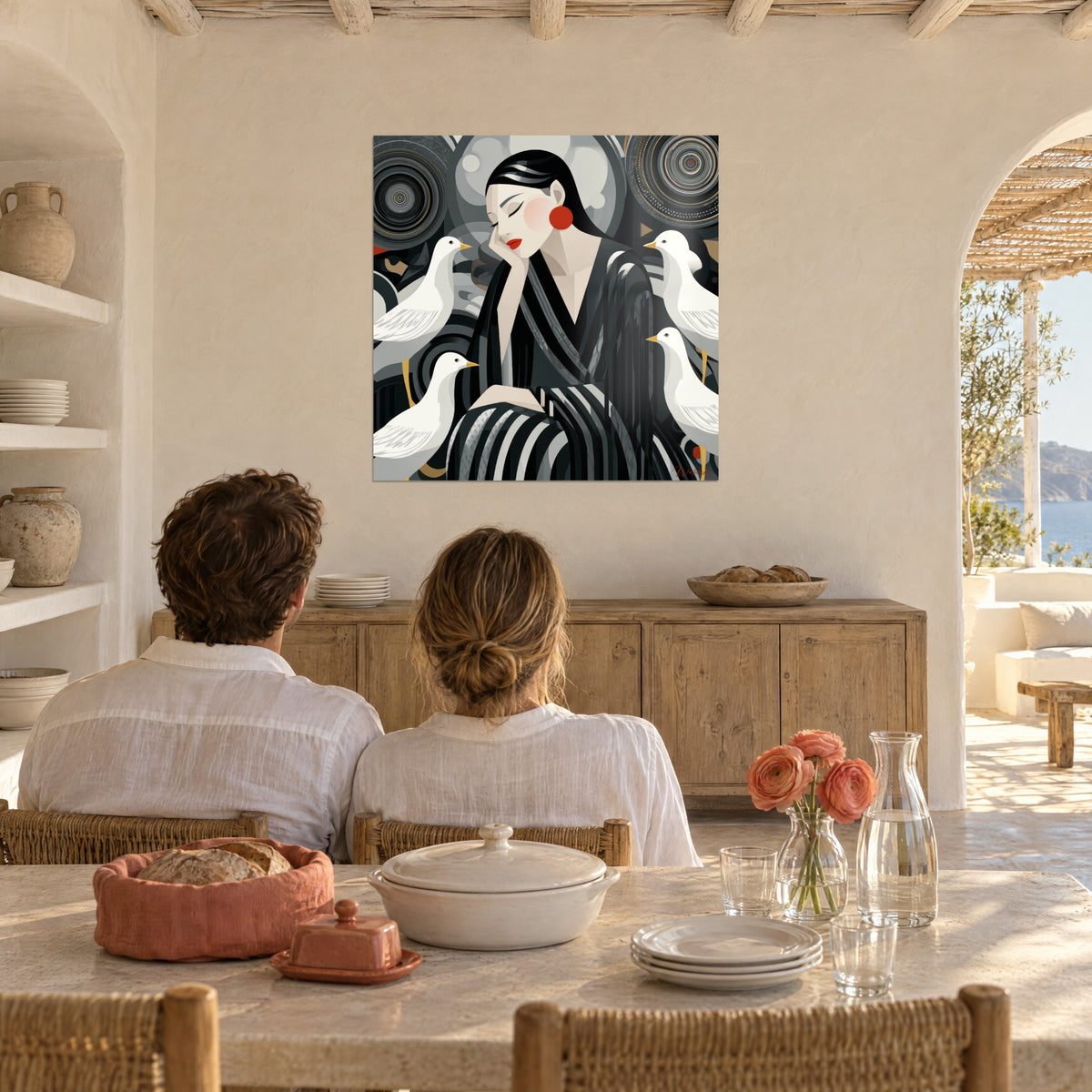 Gemälde einer verträumten Eleganten, die Wange an der Hand, gerippter Kimono, weiße Vögel und graue konzentrische Muster, ein Paar von hinten im Wohnzimmer