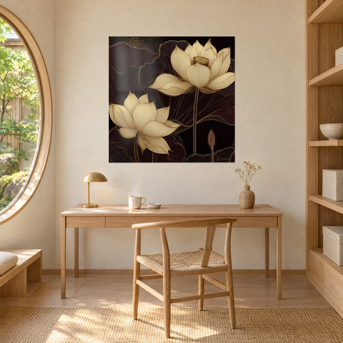 Cuadro de lotos dorados Art déco, corola abierta crema y capullo cobrizo sobre fondo burdeos profundo, encima de un escritorio de roble claro