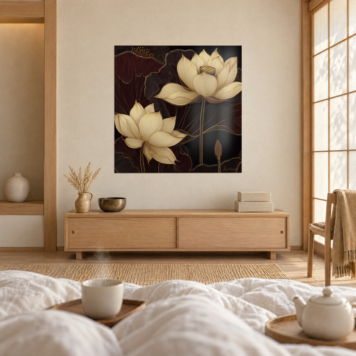 Cuadro de ramo de lotos dorados, pétalos beige claro perfilados con finas líneas doradas sobre fondo burdeos, encima de una cama en un dormitorio luminoso