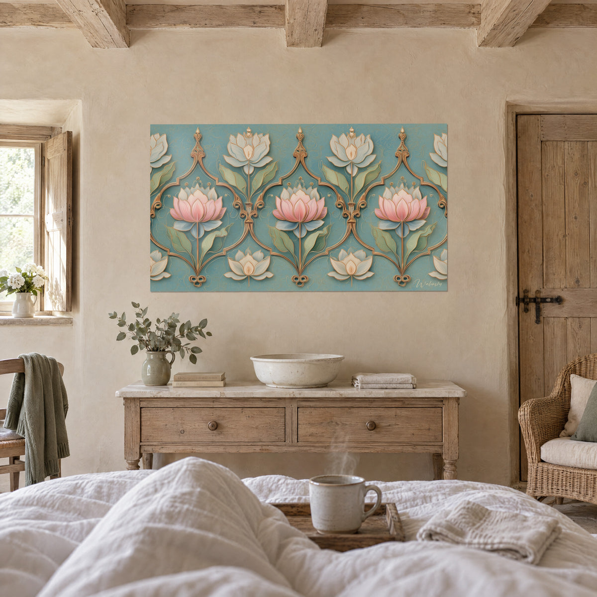 Πίνακας με διακοσμητικά motifs Art Deco, ροζ λωτούς και φύλλα φασκόμηλου σε φόντο celadon, καθισμένο άτομο πάνω από κρεβάτι σε φωτεινή κρεβατοκάμαρα