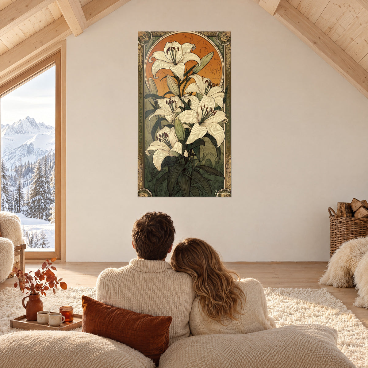 Tableau lys nacrés style Mucha, médaillon abricot et feuilles sombres, séjour sous charpente de chalet, couple de dos