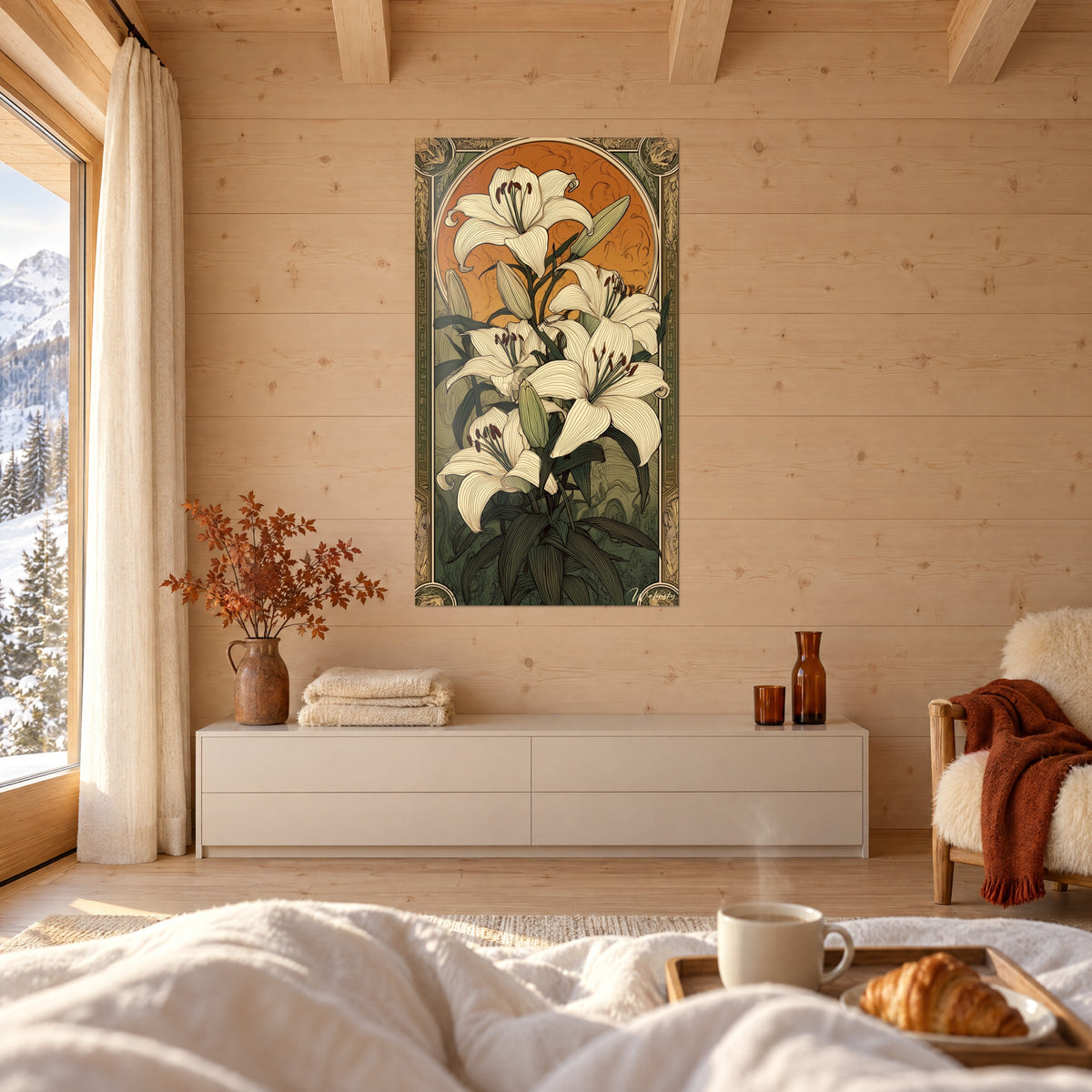 Tableau fleurs de lis crème et pistils bruns sur halo orangé, bordure verte ornée, au-dessus d'un lit dans une chambre claire