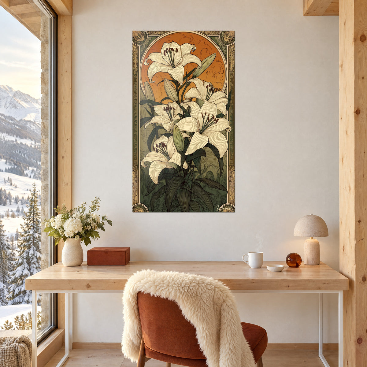 Tableau lilium immaculés et boutons verts entourés d'un cercle orange, bureau en bois blond, vase de fleurs blanches