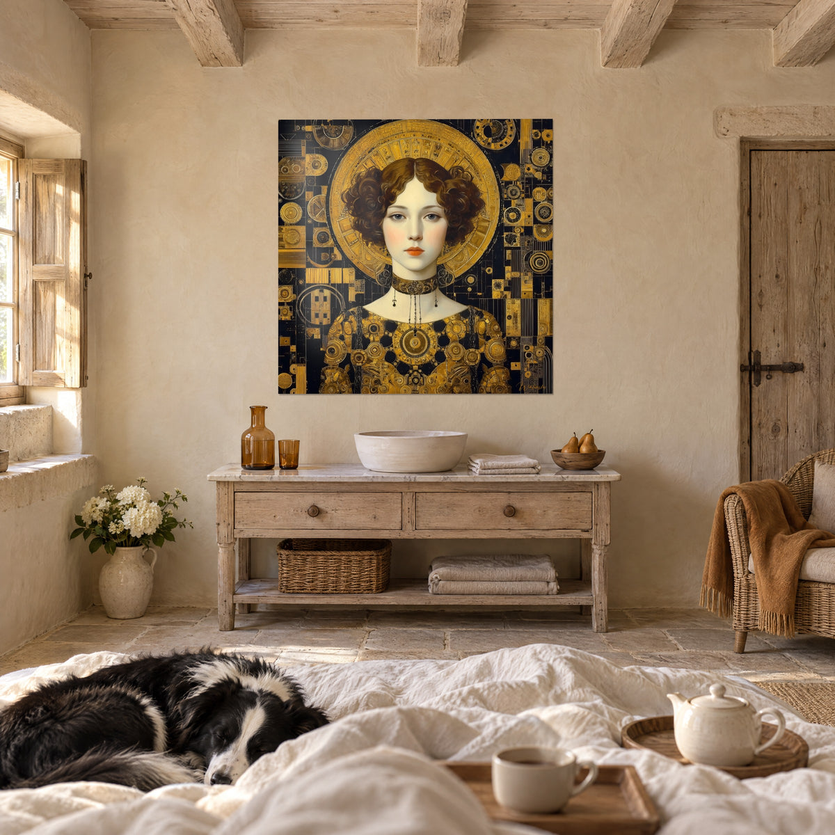 Tableau muse Art déco aux lèvres orangées, halo doré sur fond noir, collie et personne de dos, au-dessus d'un lit dans une chambre claire