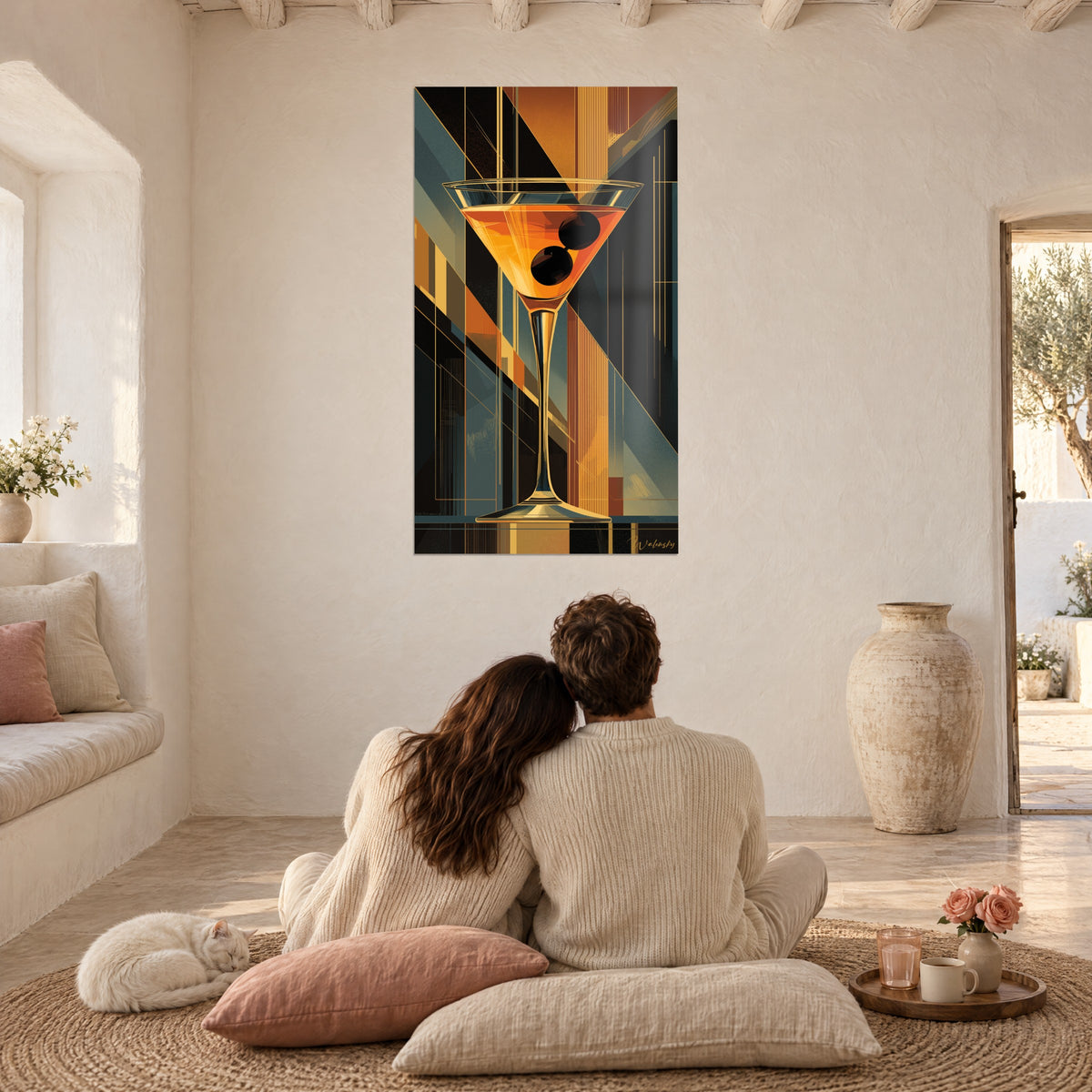 Tableau cocktail Art déco ambre et bleu-gris aux traits dorés, un couple de dos assis sur des coussins, chat calme à côté