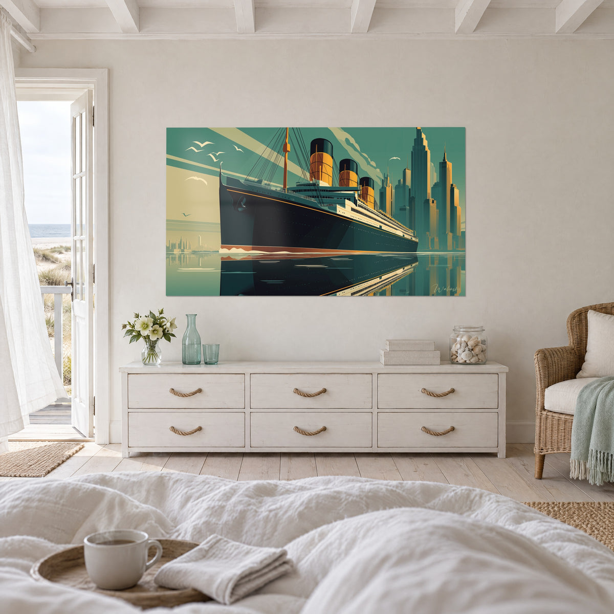 Obraz retro ocean liner z szafranowożółtymi kominami, zielononiebieskie niebo, białe mewy, odbicie w wodzie, nad łóżkiem w jasnej sypialni
