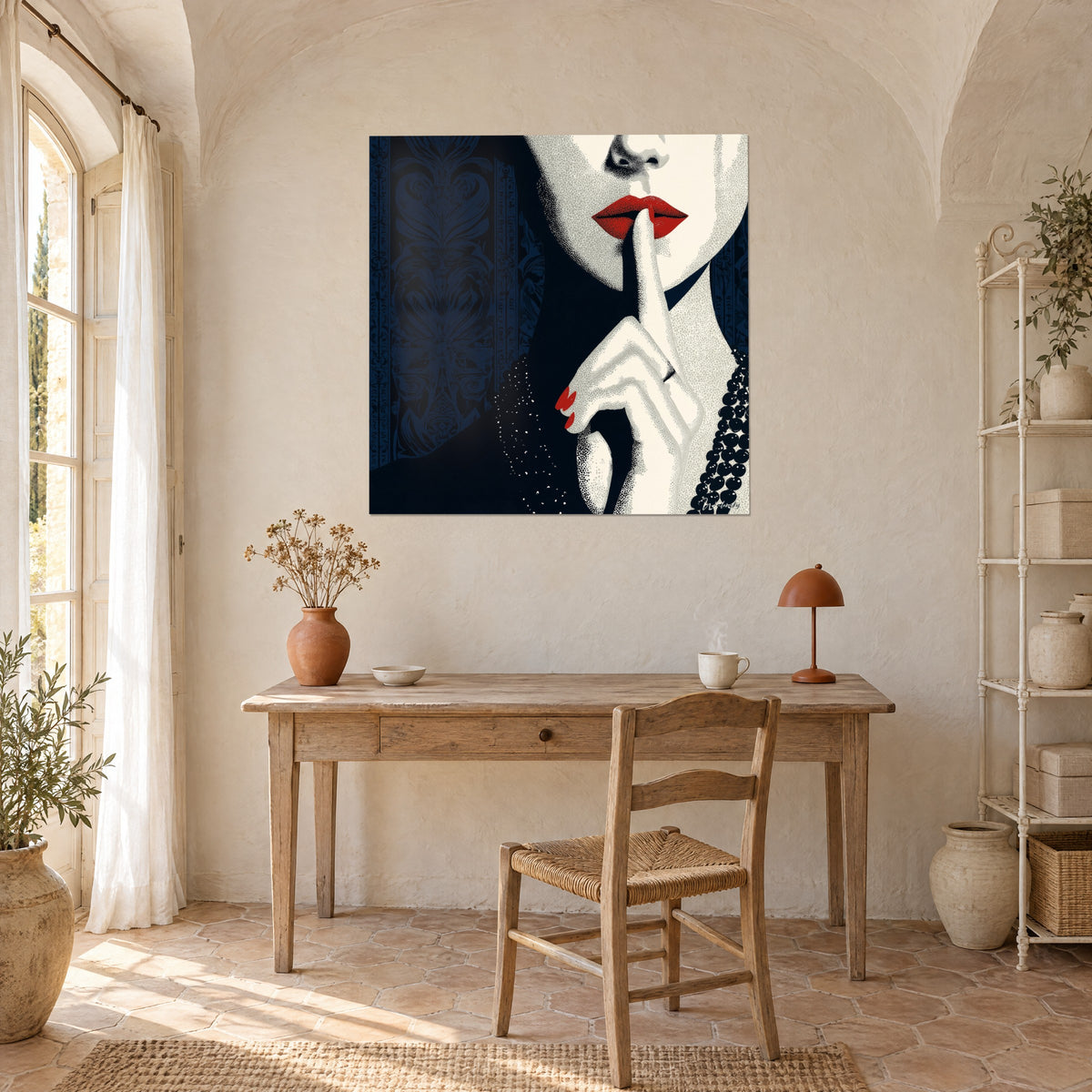 Quadro pin-up art déco con gesto di silenzio, rosso vivo contro nero profondo e blu notte, sopra una scrivania in legno chiaro
