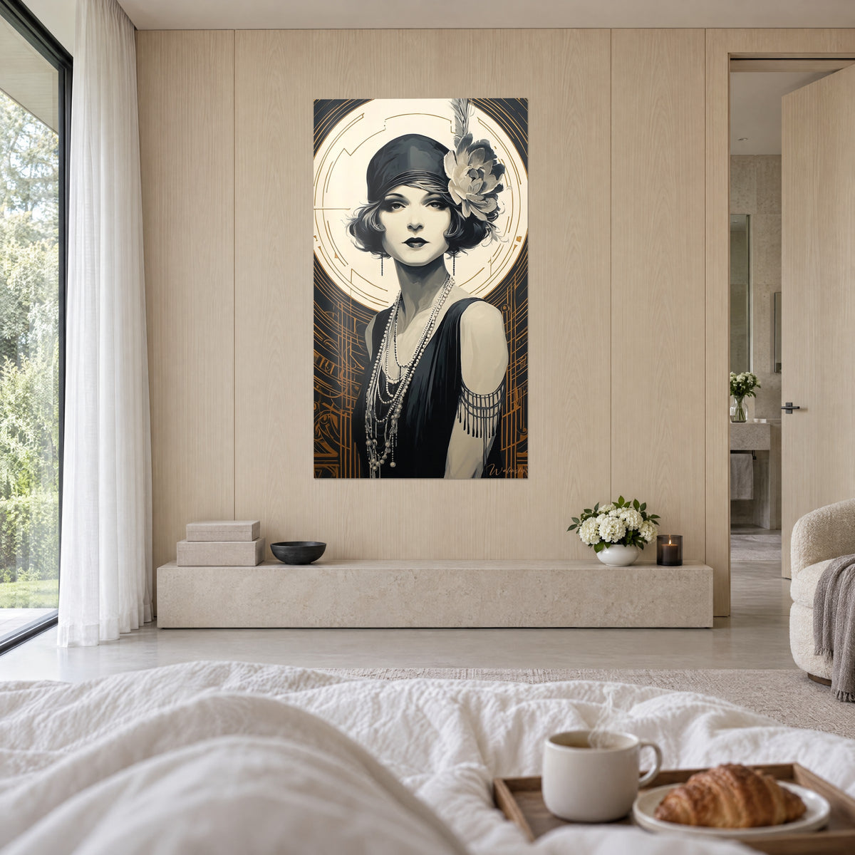 Πίνακας με πορτρέτο Art Deco με χλωμό πρόσωπο, σκούρο καρέ και γκρι φτερό, βραχιόλι με κρόσι, πάνω από κρεβάτι σε φωτεινό υπνοδωμάτιο