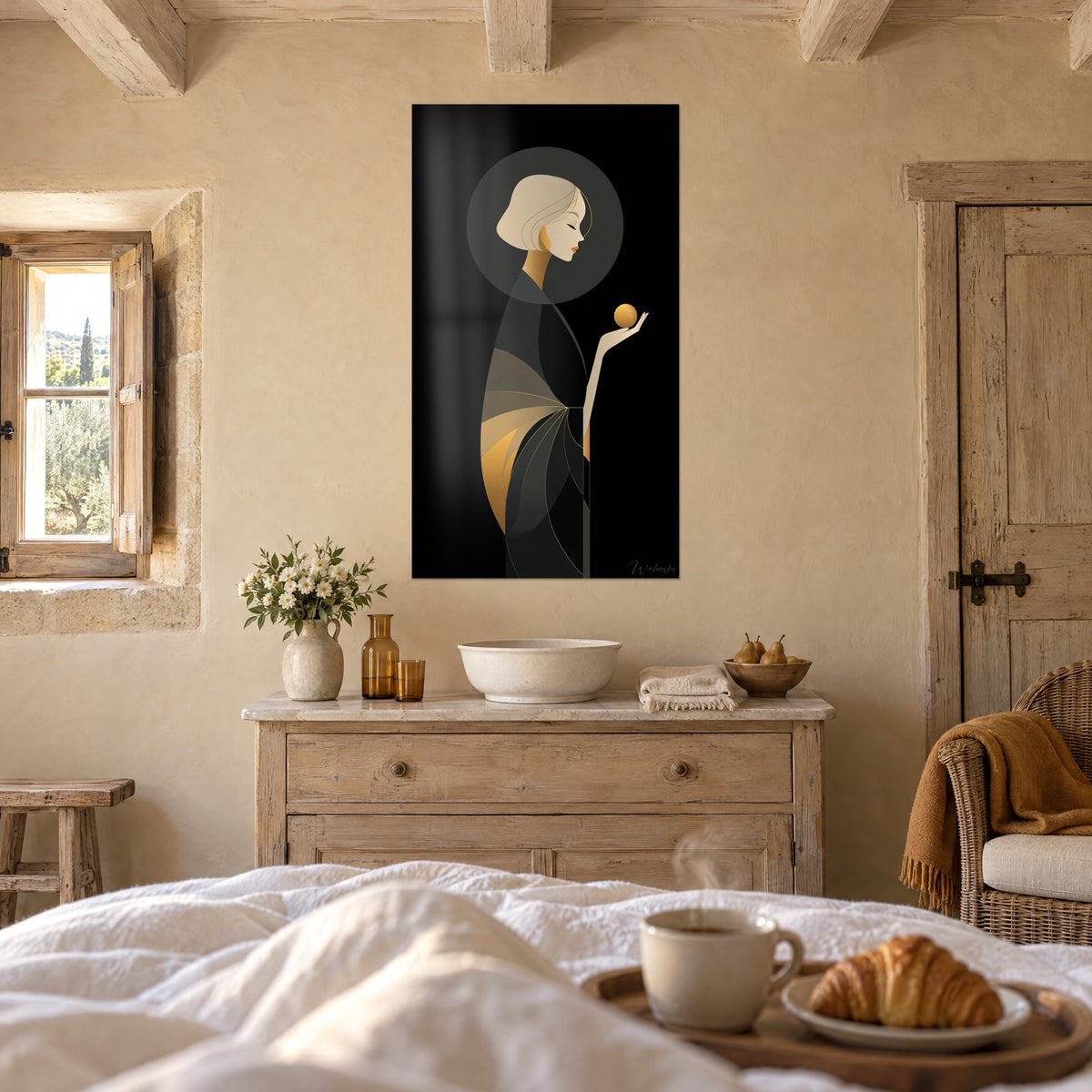 Schilderij art-decomuze met donkergrijze halo, opgestoken hand met een gouden bol, zwarte achtergrond, boven een bed in een lichte slaapkamer