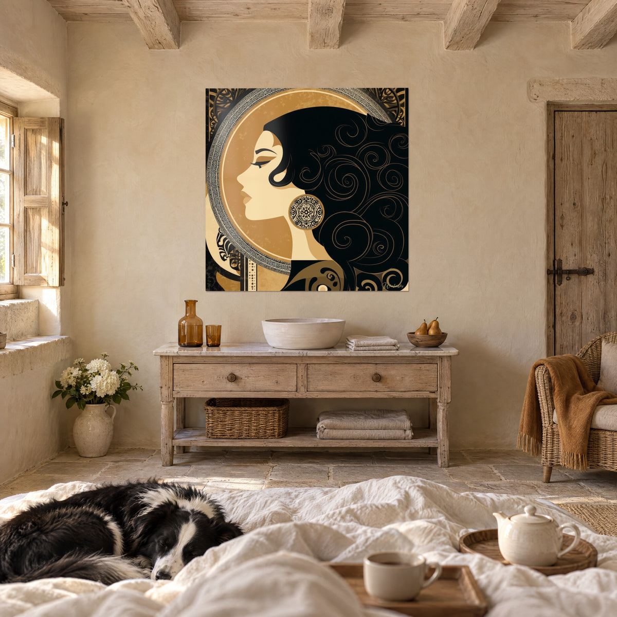 Quadro volto stilizzato dalle labbra sottili, orecchino cesellato, nero e ocra dorata, sopra un letto in una camera luminosa