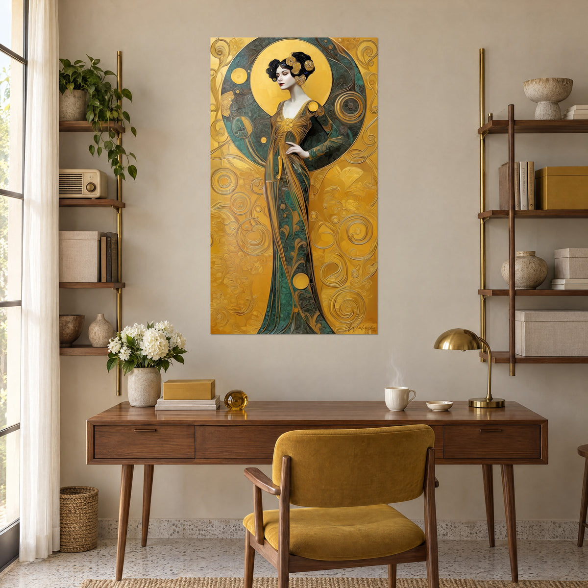 Πίνακας μούσα Art Deco με πορσελάνινη επιδερμίδα, σκούρα κόκκινα χείλη, έλατο πράσινο φόρεμα με χρυσό, φόντο από κεχριμπαρένιες στροβιλιστές γραμμές, πάνω από ξύλινο γραφείο και μουσταρδί καρέκλα