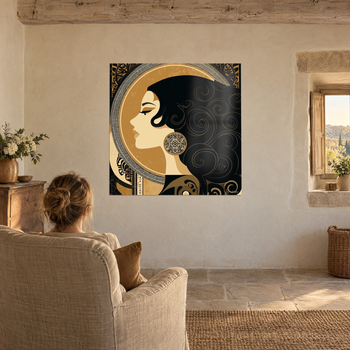 Quadro profilo misterioso d'ispirazione orientale, chioma nera vorticosa e fondo oro opaco, poltrona in lino, casa di pietra
