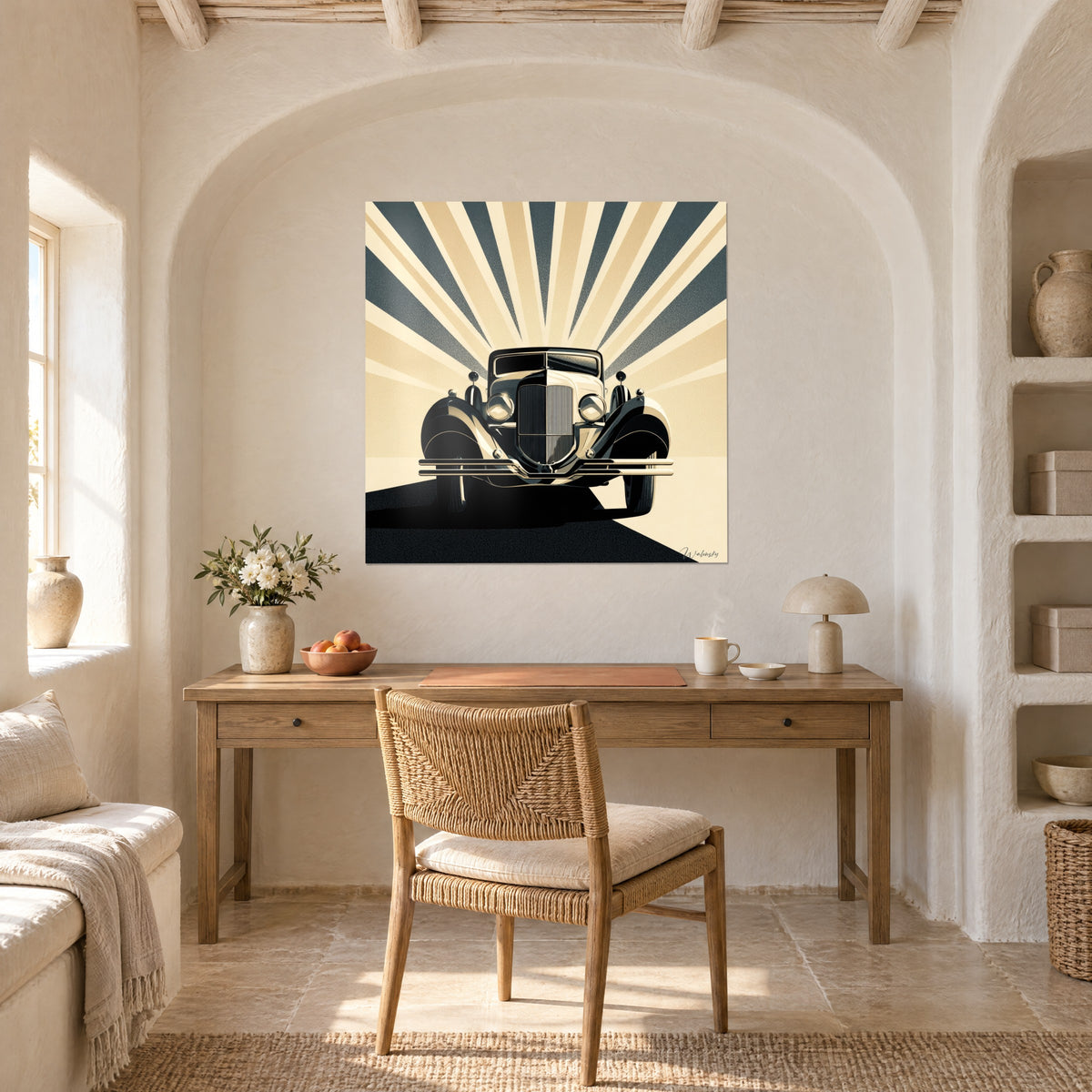 Period roadster wall art, vertical grille and black shadow on cream and slate background, on the wall of a light wood office