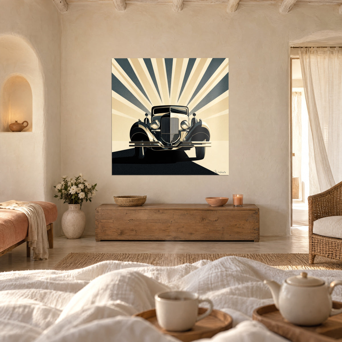 1930s sedan wall art, round headlamps and sand and slate grey spokes, hanging above a bed in a light bedroom